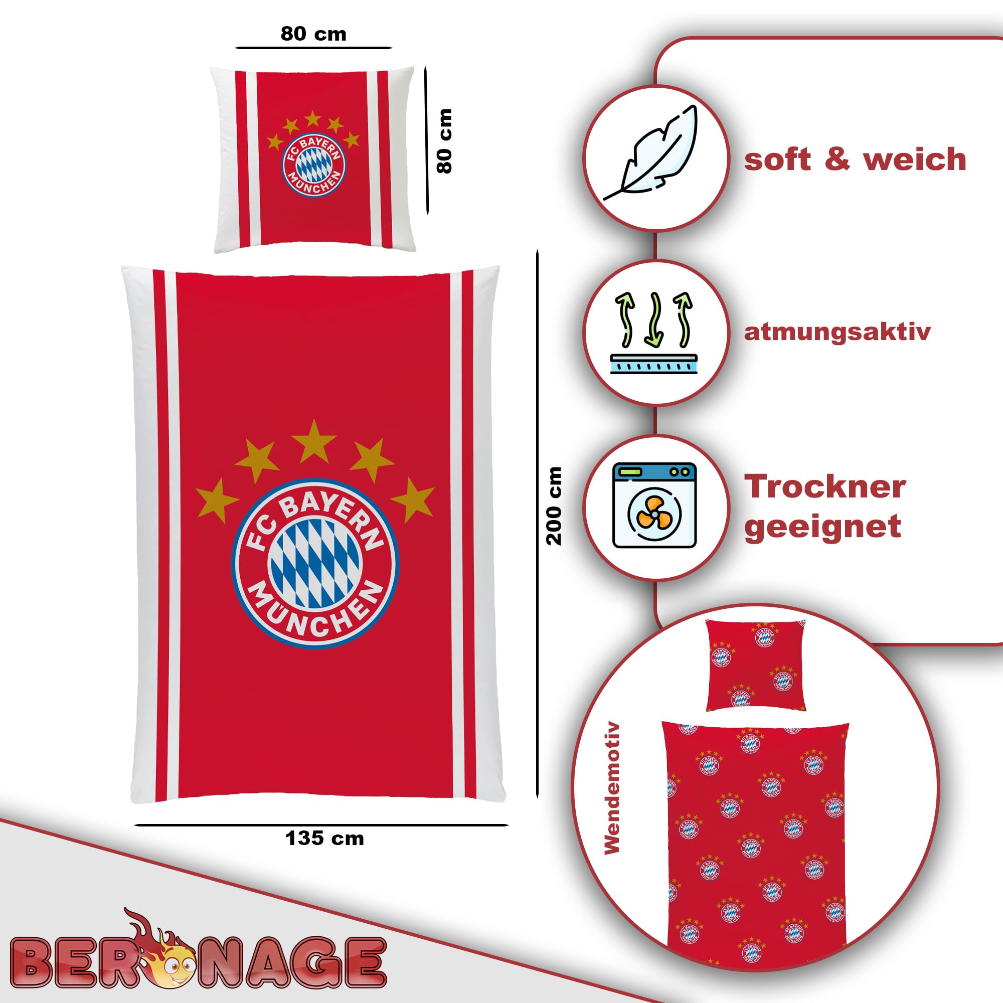 FC Bayern München Bettwäsche Mia San Mia 135 x 200 cm + 80 x 80 cm 100% Baumwolle Renforcé-Linon-Qualität Rekord-Meister Berni Alianz Arena Fußball FCB deutsche Größe mit Reißverschluss