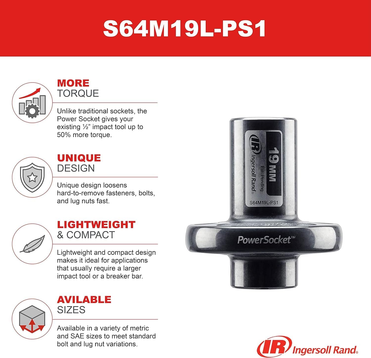 Ingersoll Rand S64M19L-PS1 PowerSocket, 19mm