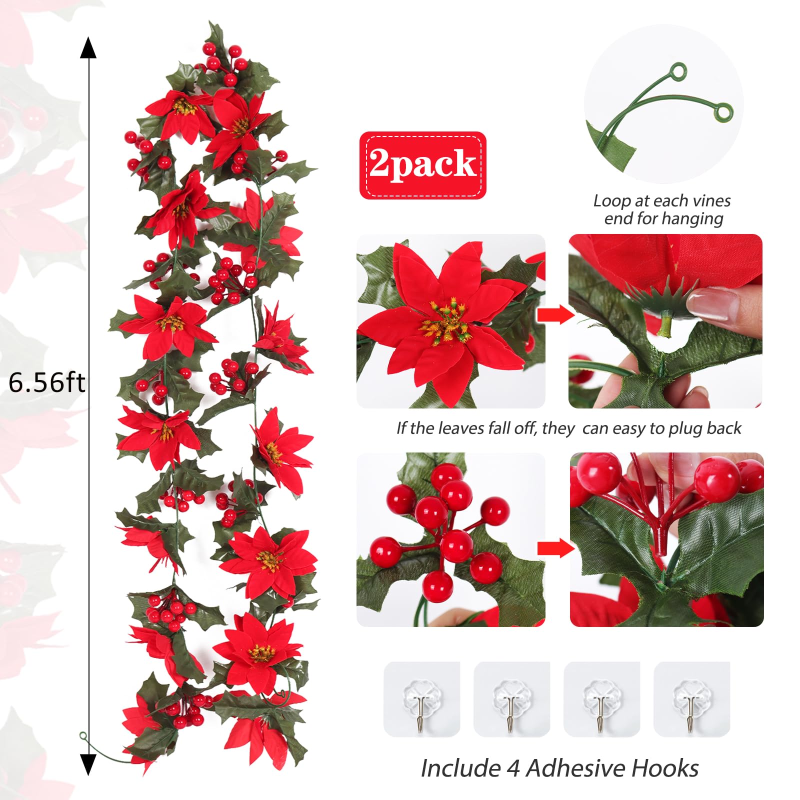 2 guirnaldas de Navidad de Flores de Bayas Rojas de 6.5 pies, Flores de Pascua Artificiales de Acebo, Decoraciones de ratán para Interiores y Exteriores, hogar, jardín, Escalera, Puerta, Ventana,