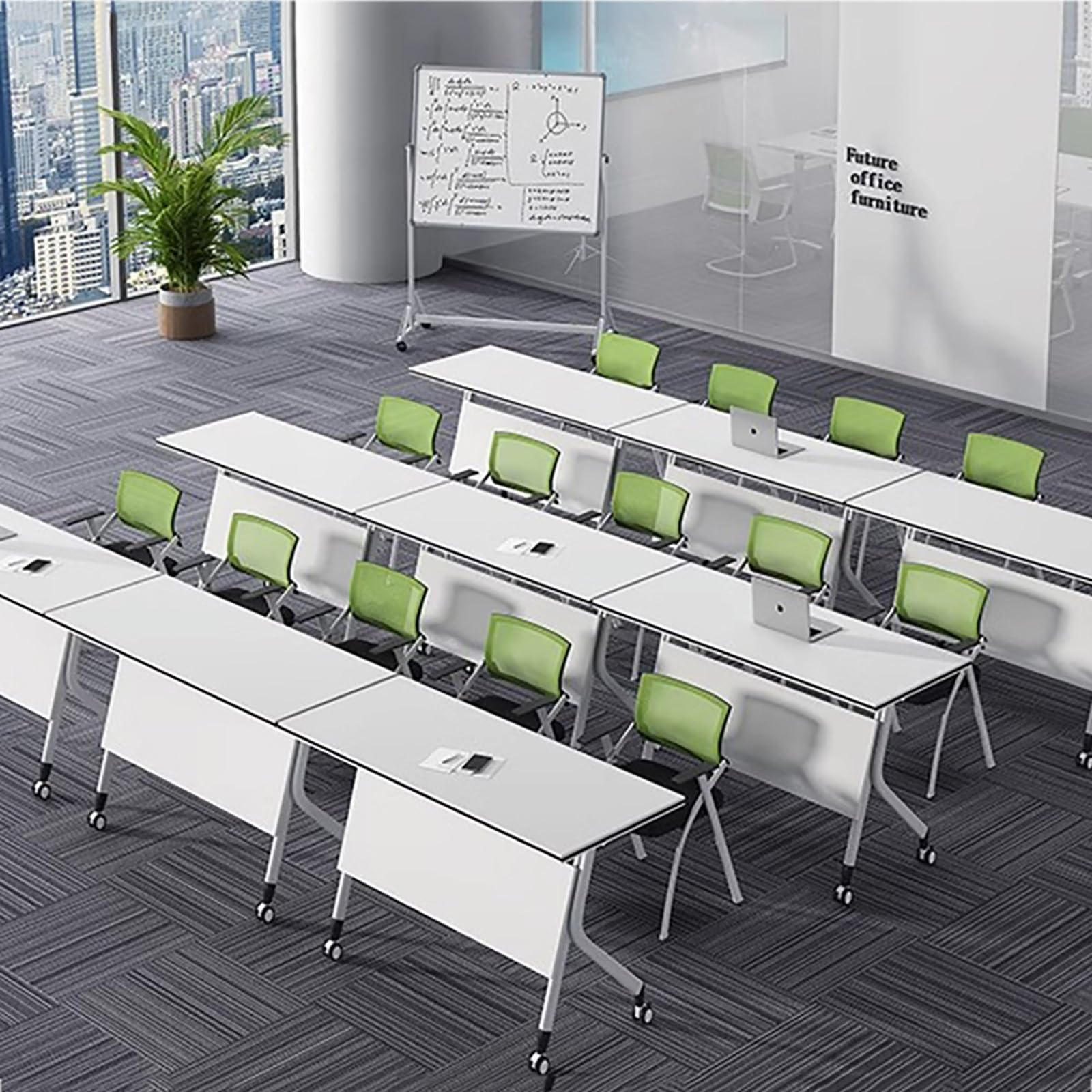 Mesa De Conferencias Moderna Blanca con Tapa Abatible, Escritorio Móvil para Capacitación con Ruedas con Bloqueo, Mesas De Sala De Reuniones con Patas De Metal Resistentes.