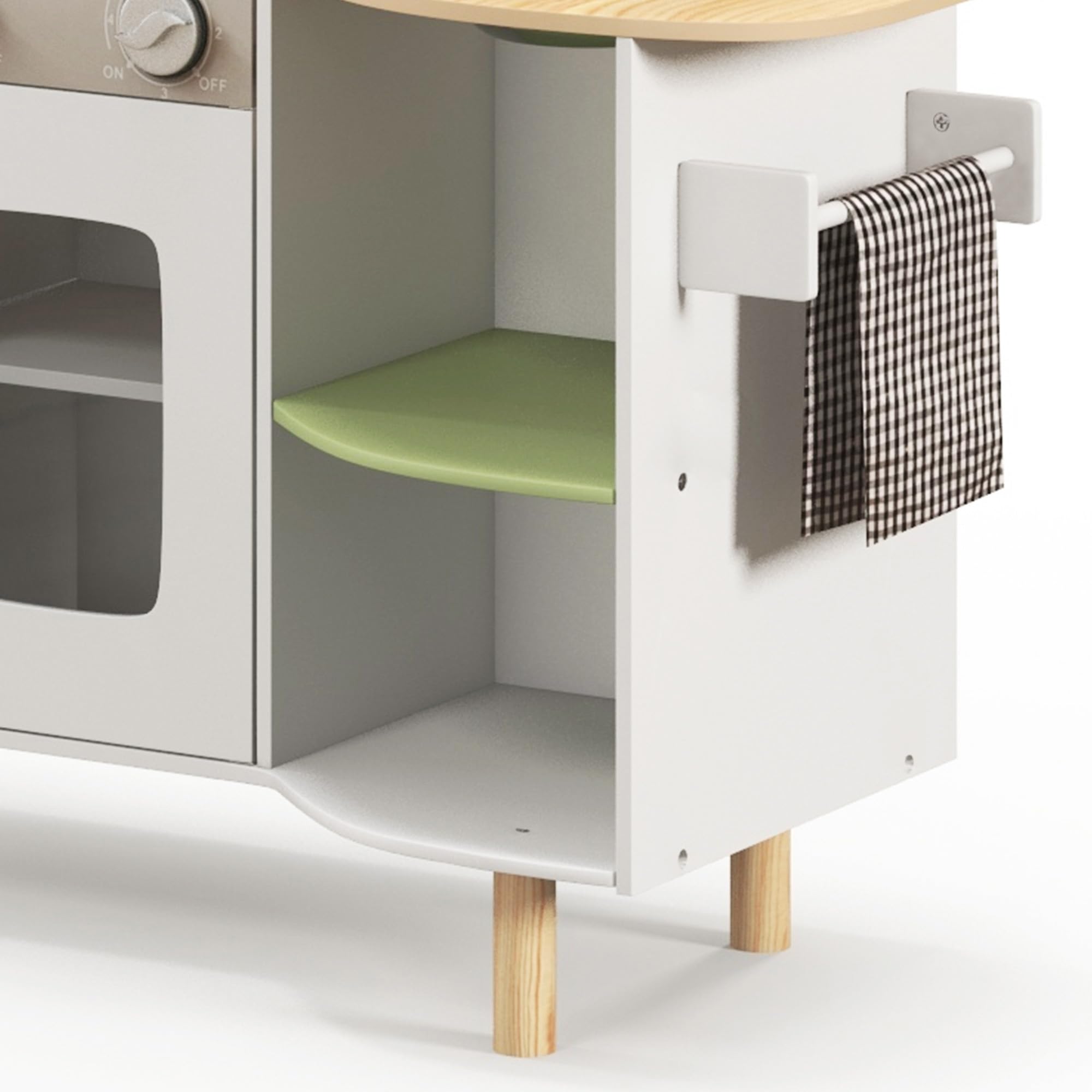 AIYAPLAY Cucina Giocattolo per Bambini 3-6 Anni con Macchina del Ghiaccio e Padelle, Cucina per Bambini con Ripiani e Armadietti per Utensili e Stoviglie, 84x34x89 cm, Bianco e Verde