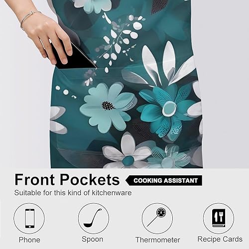 Miniatura 5 de MUSM Teal Grey And White Floral ApronClassic Vintage Funny with Pockets Aprons,Adjustable Bib Waterdrop Resistant for Kitchen Cooking Restaurant BBQ
