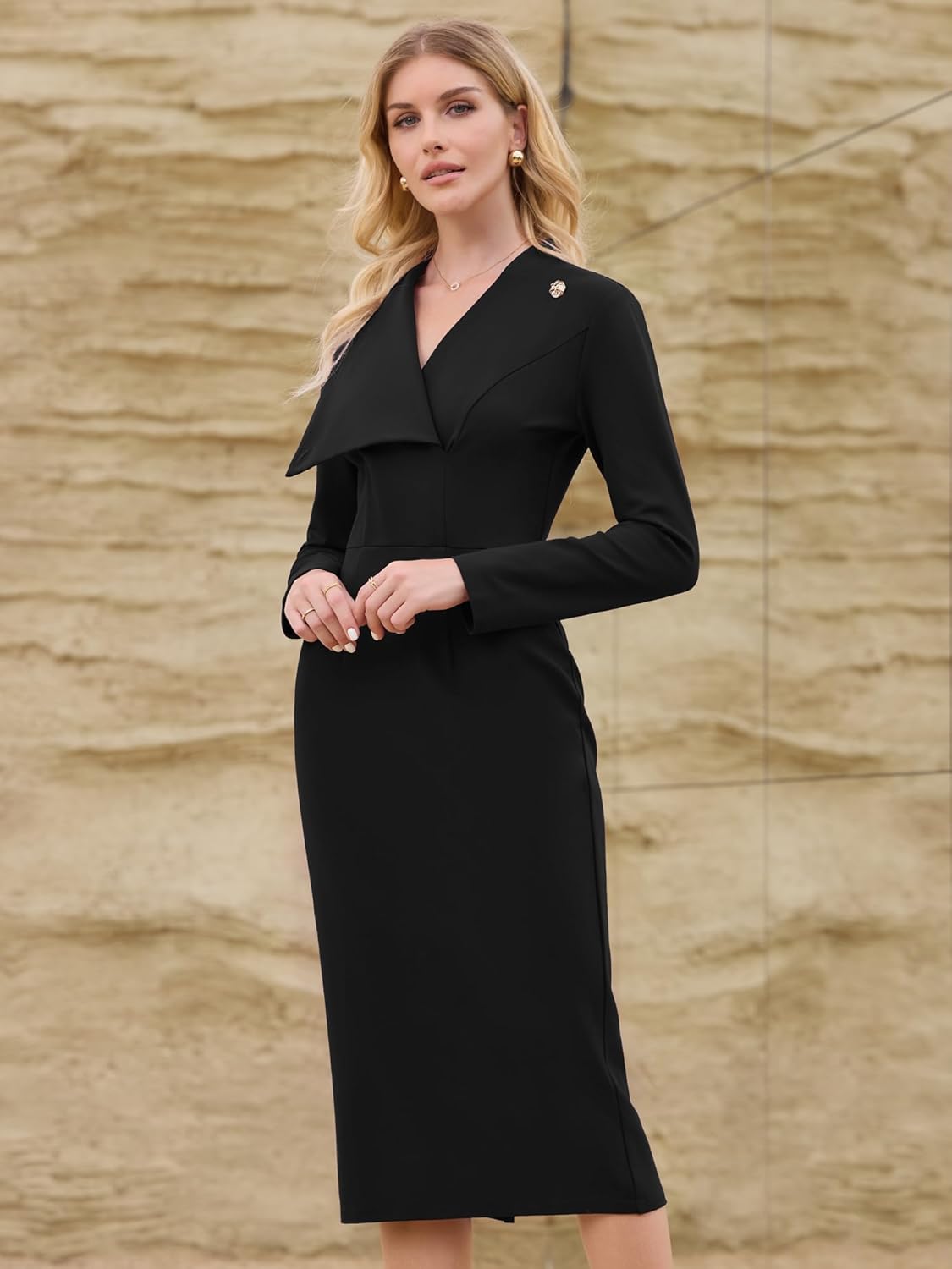 Hobemty Women's Elegant Pencil Dress Lapel V Neck Long Sleeve 2025 Trendy Work Knee Length Dresses - Image 2