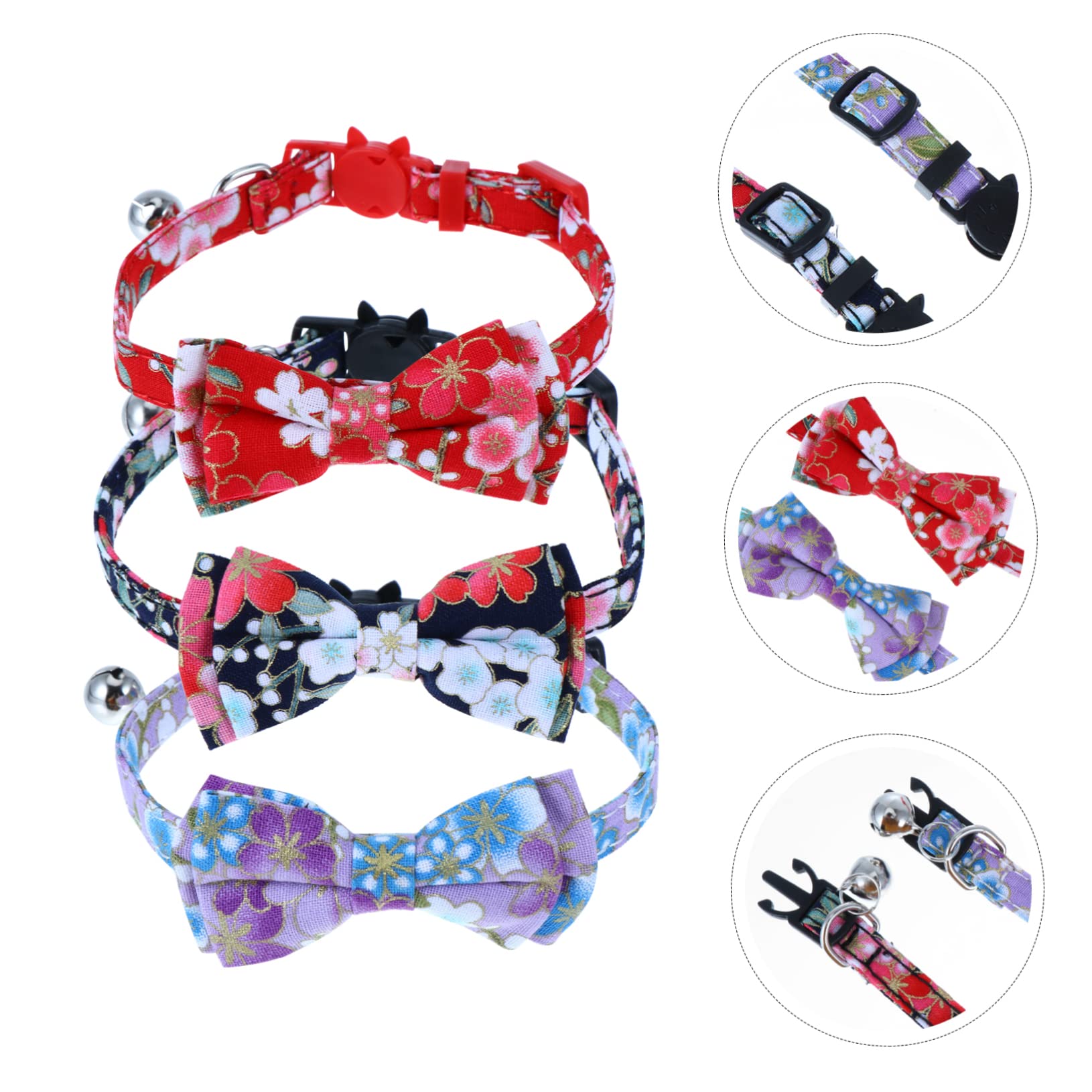Sosoport 2 Sets Verstellbares Katzenhalsband mit Glöckchen Fliege Halskette Blumenmotiv für Entzückende Haustiere 3 Stück