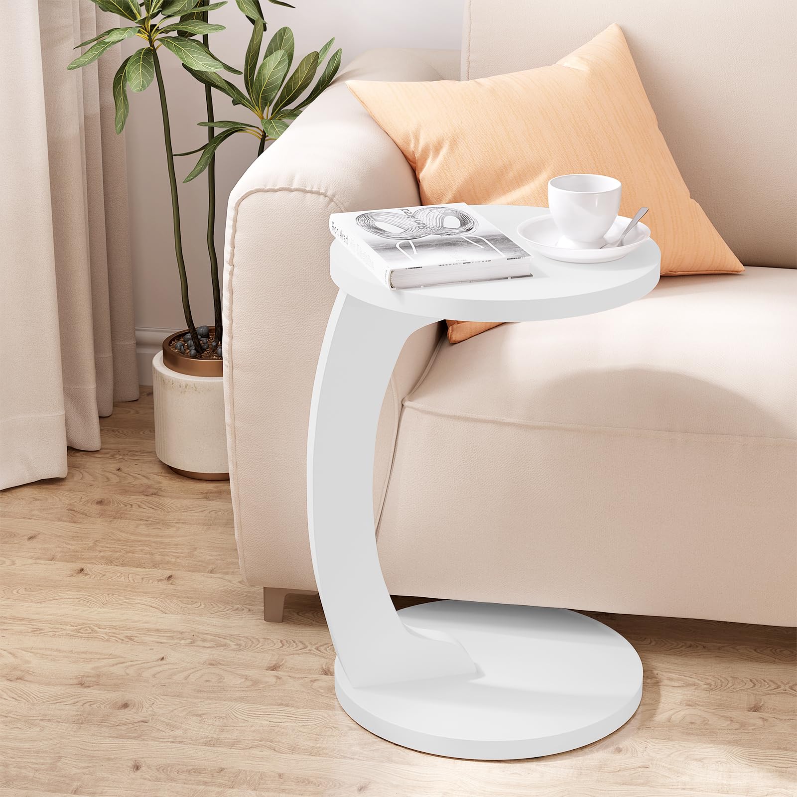 WOLTU Mesa Auxiliar en Forma C, Mesa de Centro Redonda, Mesa Lateral para Sofá o Cama, Mesita Auxiliar para Salón y Dormitorio, MDF, φ38x55 cm, Blanco, BTS20ws