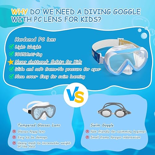 Miniatura 7 de Máscara de natación para niños, gafas de natación para niños de 180 antivaho, a prueba de fugas, con cubierta de nariz y correa de tela para edades