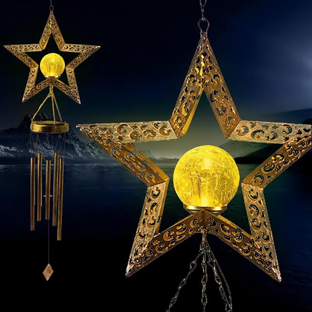 Solar Wind Chimes for Outside Crackle Glass Ball Waterproof Wind Chimes Outdoor Clearance Deep Tone Garden Decor Birthday Unique Gifts for Women Mom Grandma Windchimes Gardening (Star Crystal Ball)