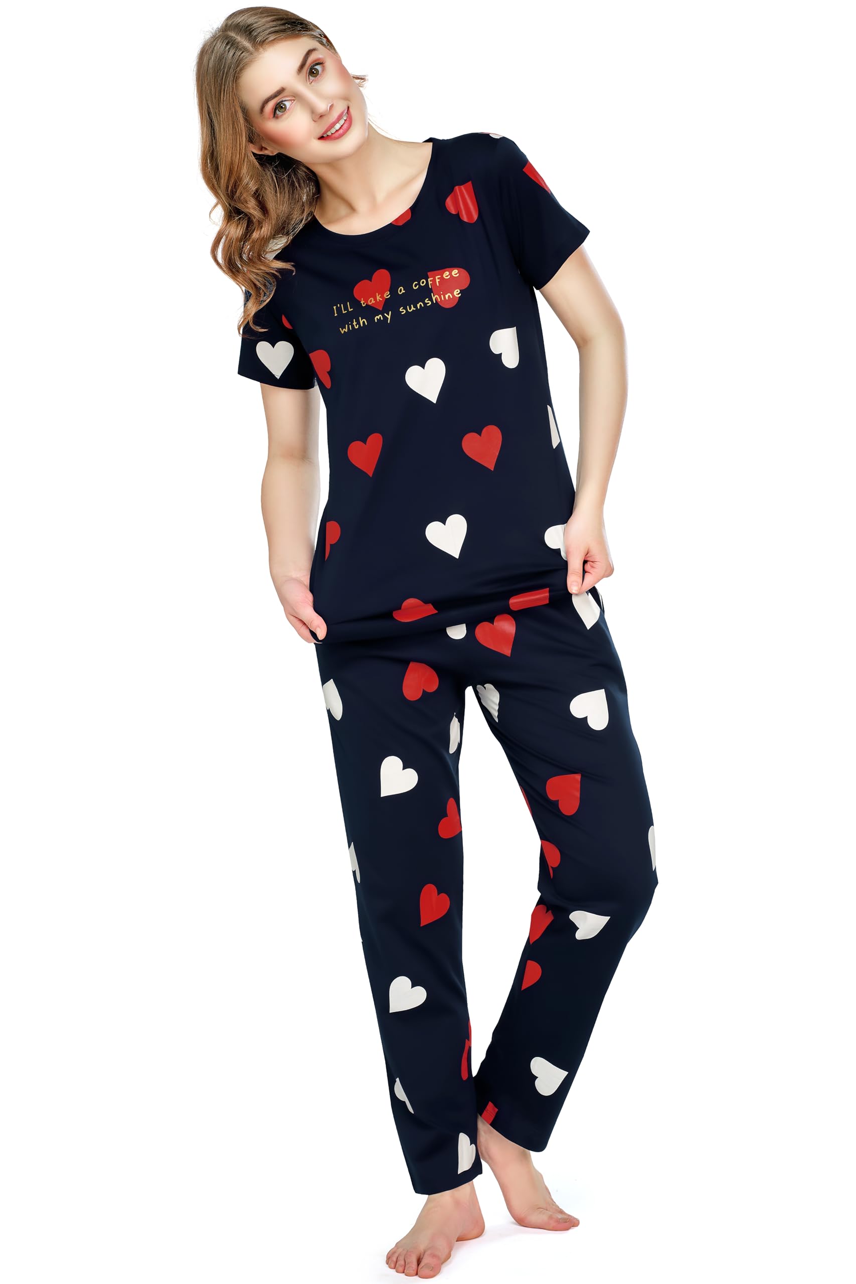 ZEYONight Suit for Women's Navy Blue Heart Printed Cotton Night Dress of Top and Pajama set 5780