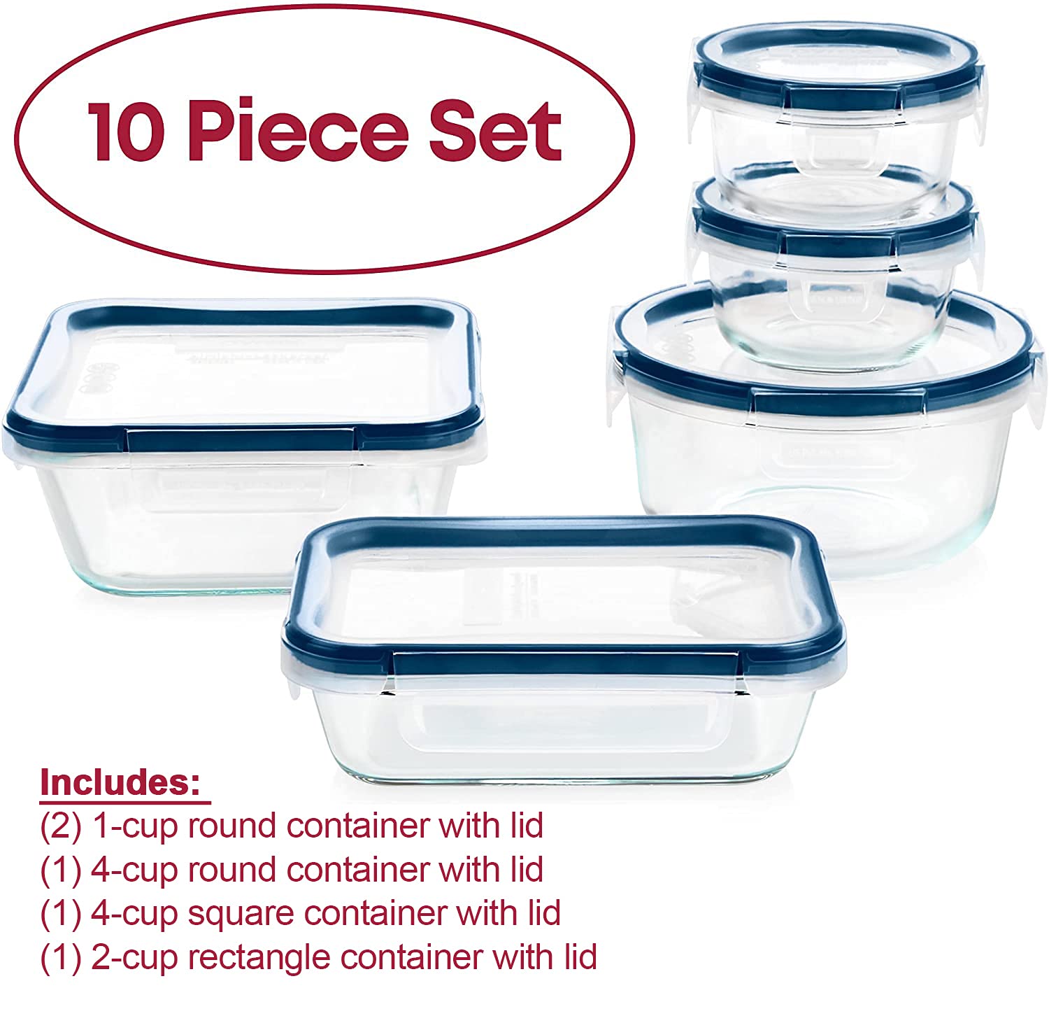 Pyrex Freshlock - Juego de 10 recipientes herméticos de vidrio para almacenamiento de alimentos con microban, no tóxicos, tapas de bloqueo sin BPA con 4 pestañas para protección antimicrobiana