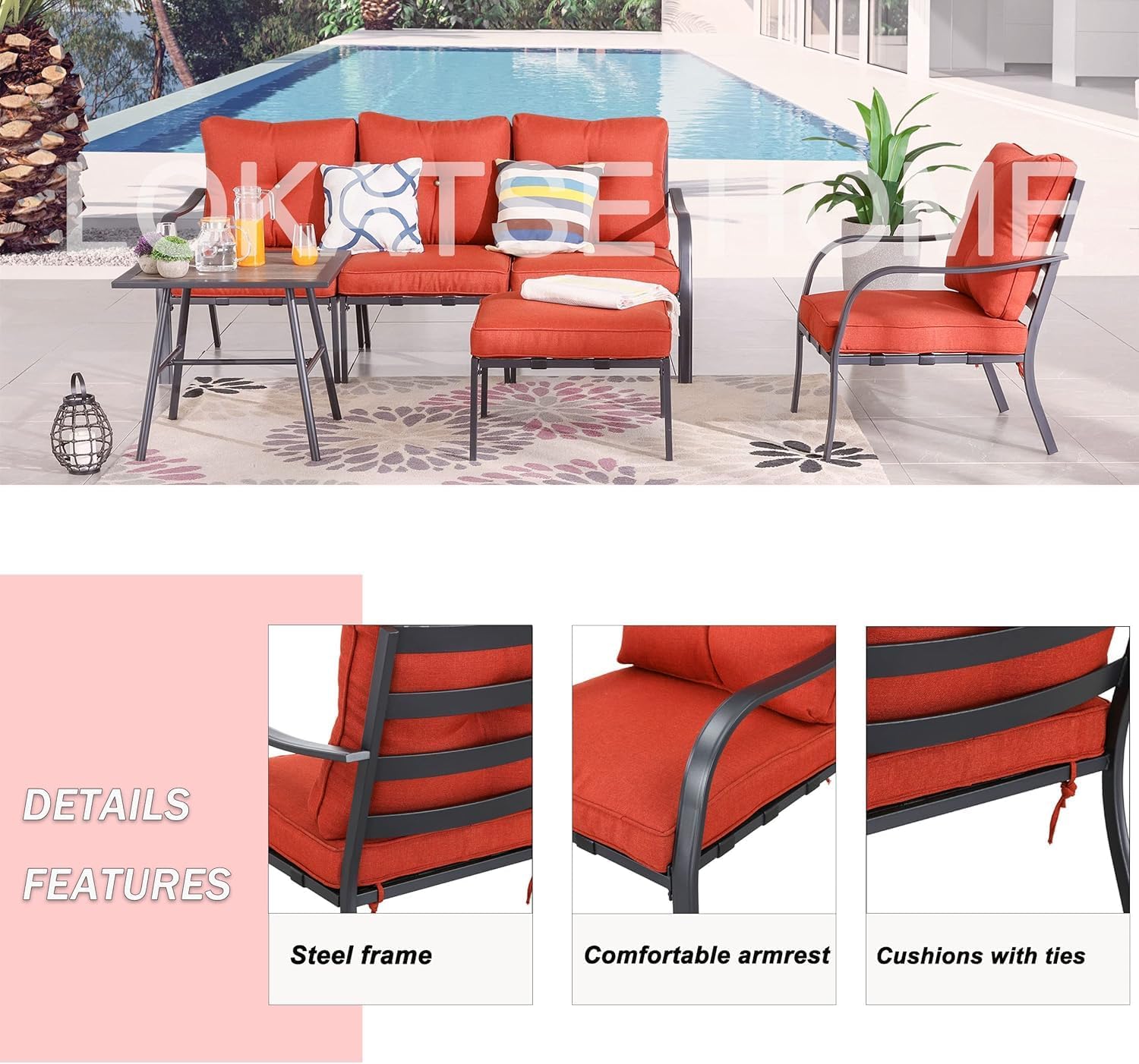 LOKATSE HOME Outdoor Patio Left Armrest Chair with Cushions for Garden, Pool, Backyard, Red