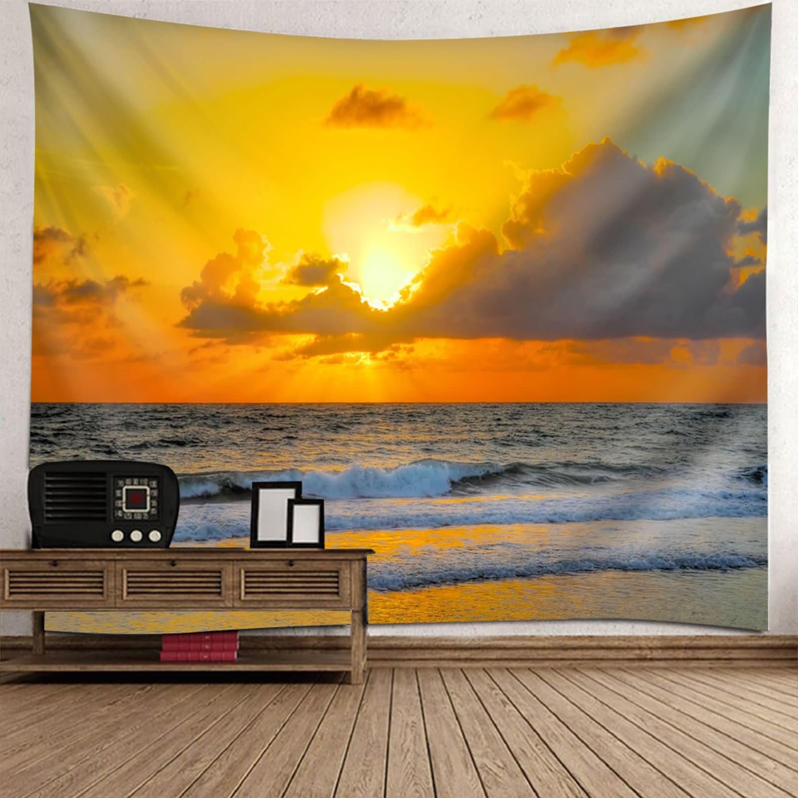 Homxi Wandteppich Wall Hanging 260 W x 240 H CM, ​​Strandmeer Sonnenuntergang​​, Polyester Tapestry, Gelb Schwarz