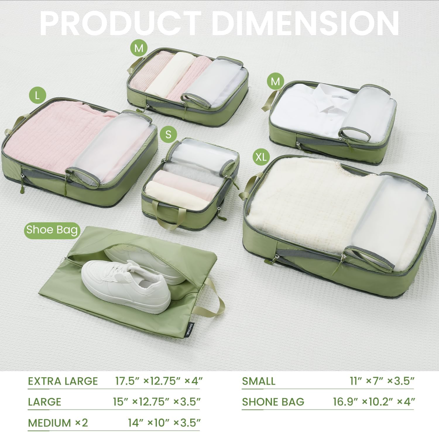 BAGAIL 6 Set Ultralight Compression Packing Cubes Packing Organizer for Travel Accessories Luggage Suitcase Backpack Matcha Green70D Mesh Pattern
