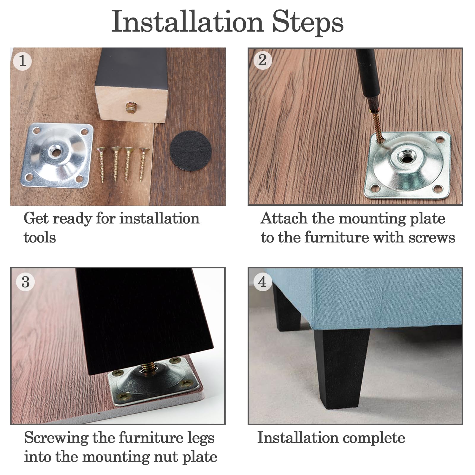 4 Piezas Patas para Muebles Madera Negro 20cm con Placa de Montaje Tornillos y Protectores de Suelo Pies para Muebles Cuadradas para Mesa de Té Sofá Cama Cajonera Mueble TV