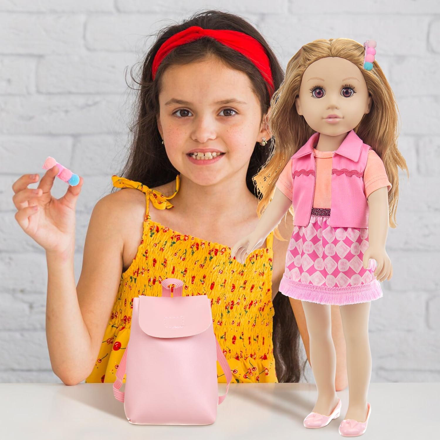 18 Inch Girl Doll Playset with Clothes and Accessories Including 18 Inch Doll Jacket T-Shirt Skirt Shoes backbag Hairband for Little Girl