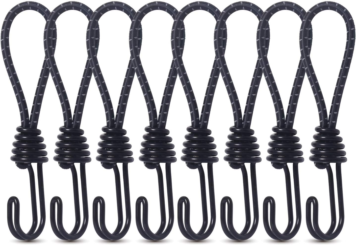 Hikeman 8 Pack 8mm Bungee Cord Hooks Black Anti-Rust Paint Spiral Wire Hooks with Separable Reflective Elastic Rope Heavy Duty Strapping Tape Hooks for Camping Trucks Boats (Black)