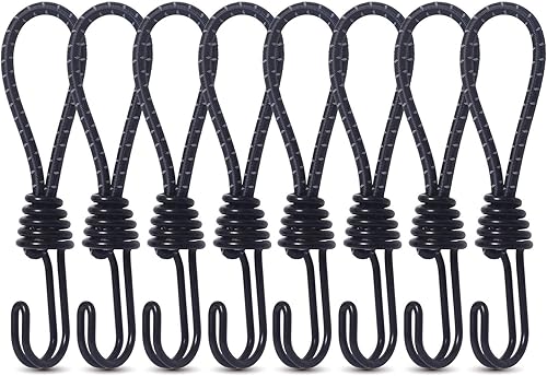 Hikeman Paquete de 8 ganchos elásticos de 0.315 pulgadas, color negro, pintura antioxidante, ganchos de alambre en espiral con cuerda elástica