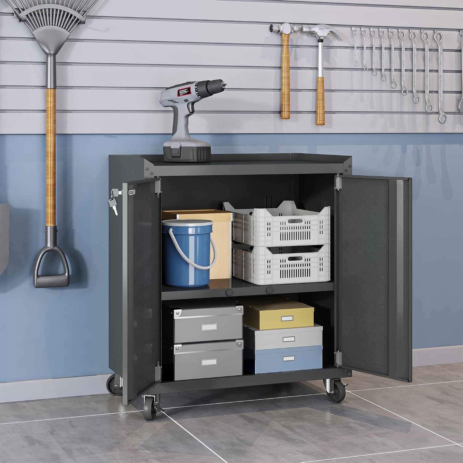 Manhattan Comfort Fortress Rolling Garage Storage Cabinet with 2 Adjustable Shelves, Lockable Metal Tool Compartment, Heavy-Duty Mobile Utility Organizer with Wheels, Charcoal Gray image 4