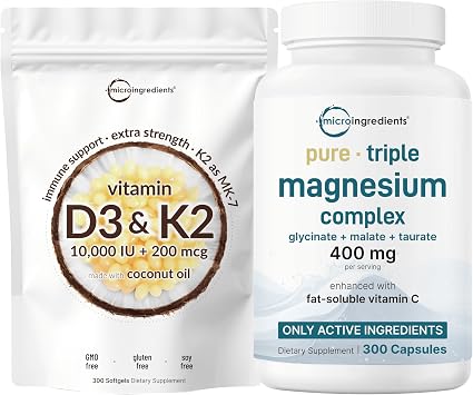Micro Ingredients Vitamin D3 10,000iu + K2 200mcg Softgels & Pure Triple Magnesium Complex 400mg Capsules | 2 Pack Bundle | Essential D & K Sunshine Vitamins | Glycinate, Malate, Taurate Forms