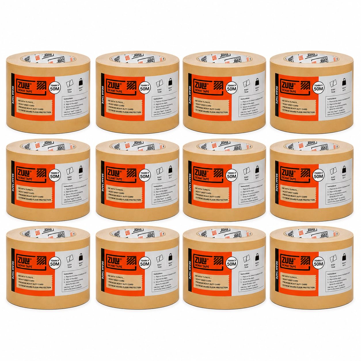 Zulu Brown Seam Tape 75mm x 50m Heavy Duty Kraft Paper Floor Protection Joining Tape Easy Tear Strong Adhesive for Card Floor Protection Renovation Decorating Construction | (12 Pack)