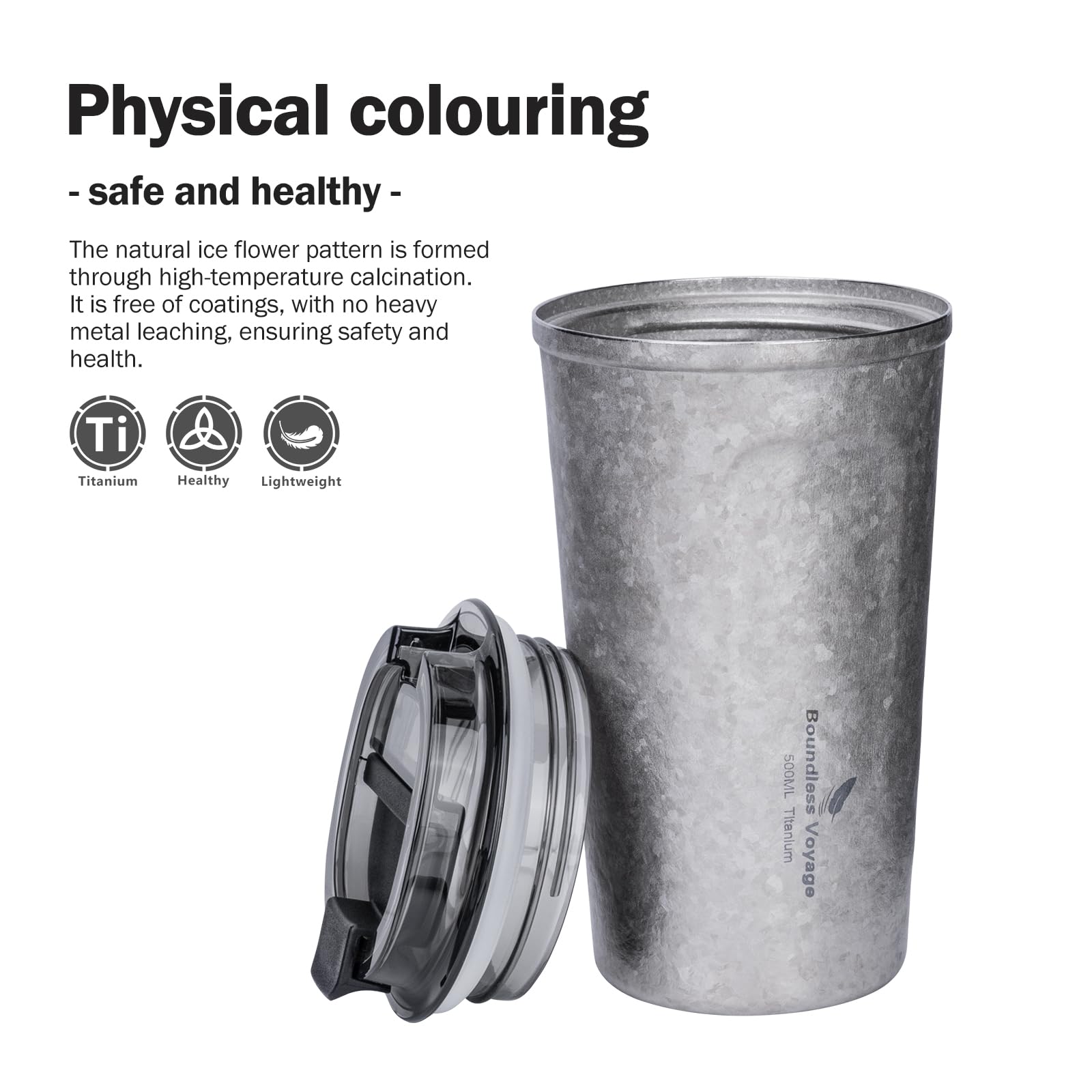 iBasingo Titan Kaffeetasse 500ml Isolierbecher Ultralichter Doppelwandiger Vakuum Reisebecher mit Schiebe Deckel, Spülmaschinenfest, für Camping, Büro, Auto, Outdoor Ti3235A