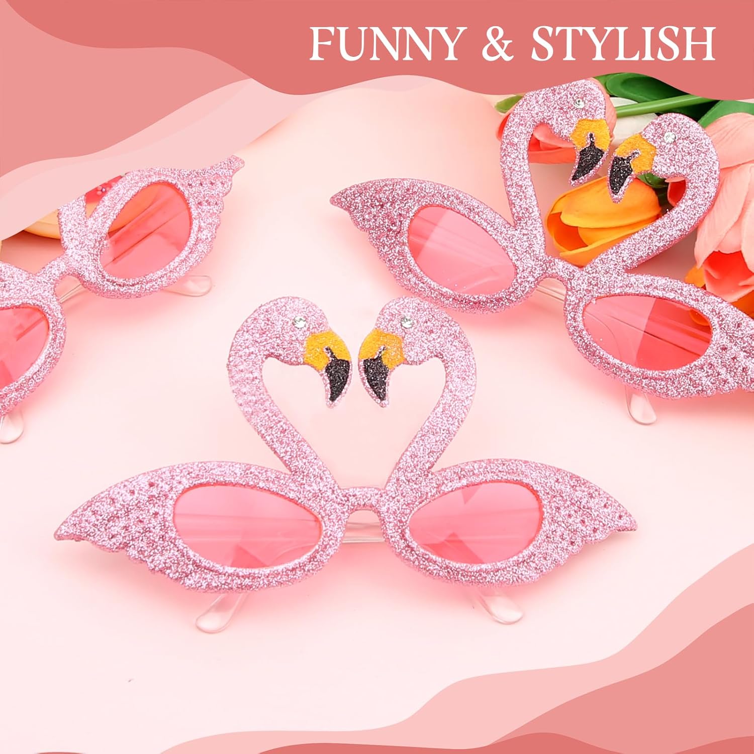 12 Pcs Glittered Pink Flamingo Sunglasses, Hawaiian Tropical Glasses Novelty Halloween Eyewear for Fancy Dress Beach Festivals Birthday Party Decorations