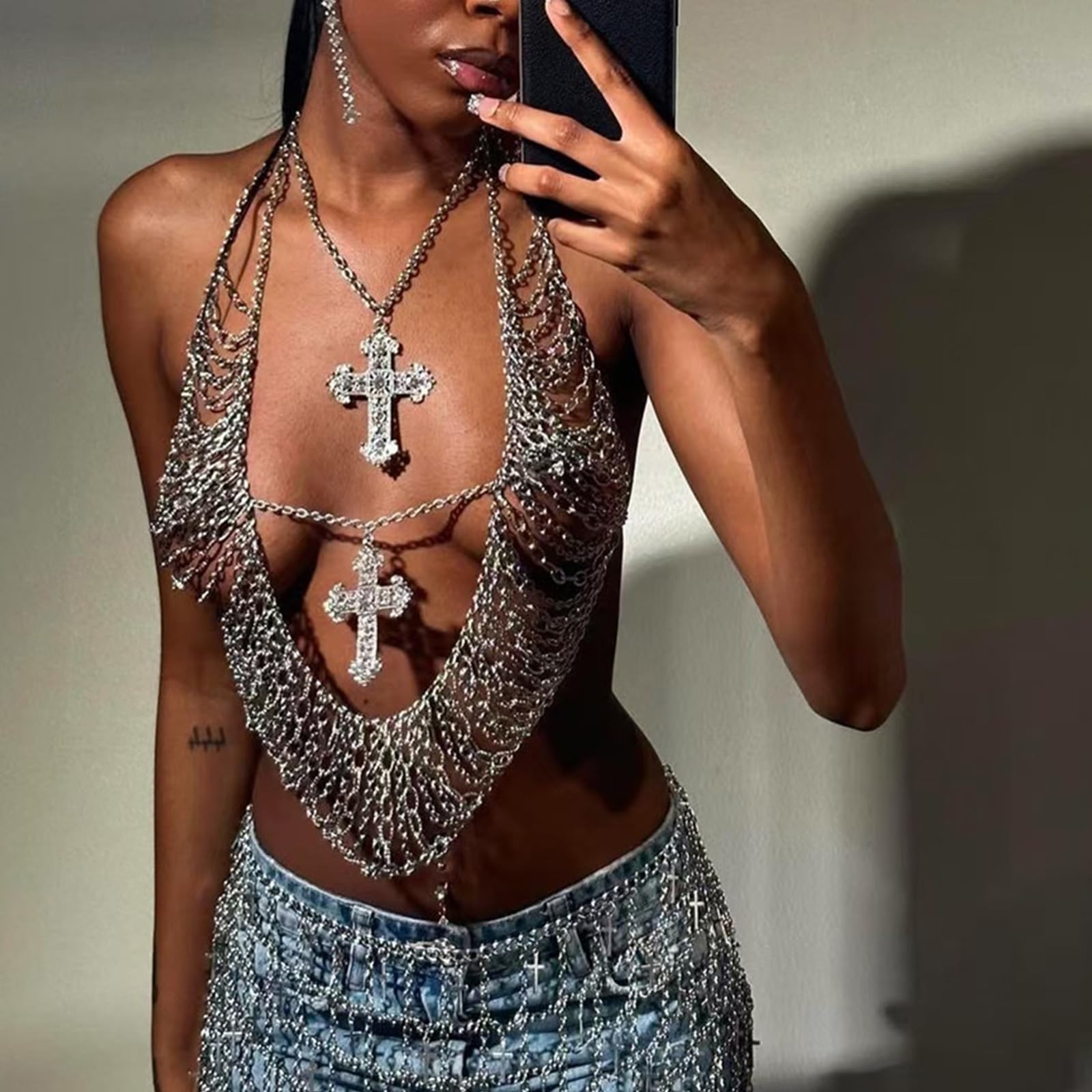 Chaîne de corps avec pendentif croix en strass pour femme, dos nu, caraco court pour fêtes et festivals