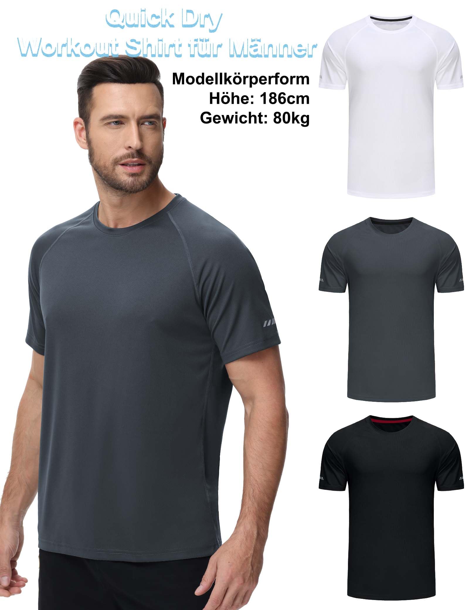 3-Pack Sport Tshirts Męskie koszulki funkcjonalne Szybko suche Oddychająca koszula treningowa Koszula fitness Koszula treningowa do biegania ćwiczeń kulturystycznych-Black/Grey/White-L