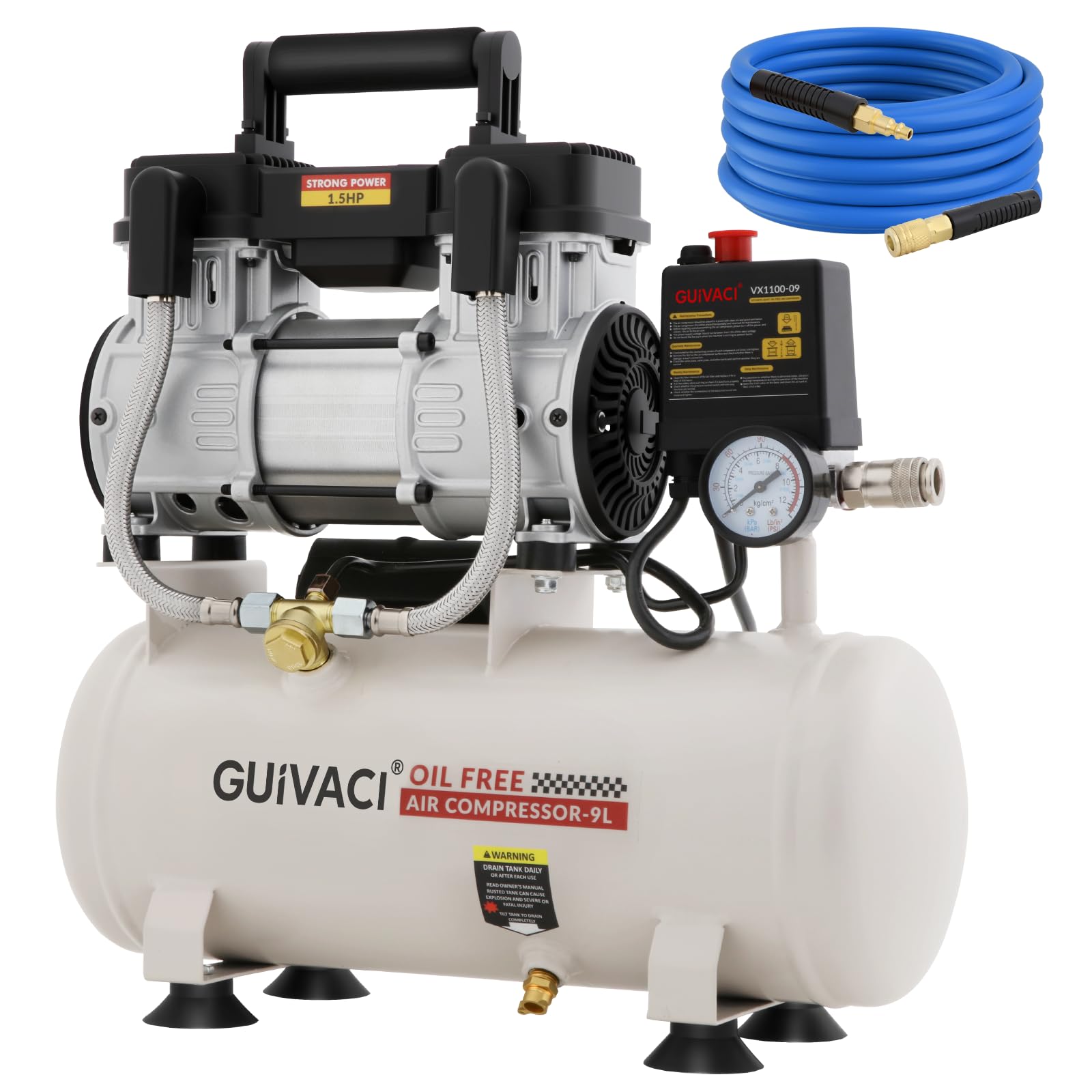 Compresor silencioso, 9 L, sin aceite, 1100 W (1,5 CV), máx. 8 bar, 190 l/min, 60 dB, con manguera de aire de 10 m, compresor silencioso para taller, coche y pintura