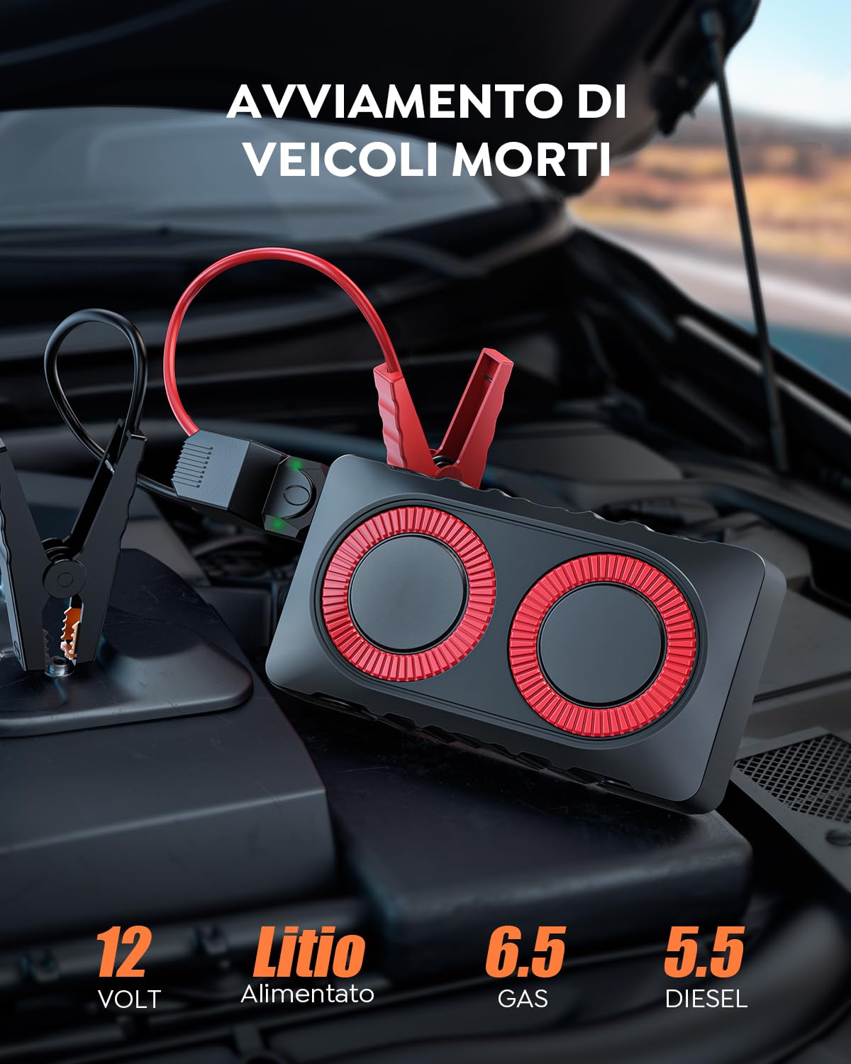 Booster Avviamento Auto 2000A 12800mAh Starter Batteria Auto Portatile, Avviatore Emergenza per Auto con Impermeabile IP67, Ricarica rapida, Luce, Compatto (Fino a 6.5L Gas/5.5L Diesel)