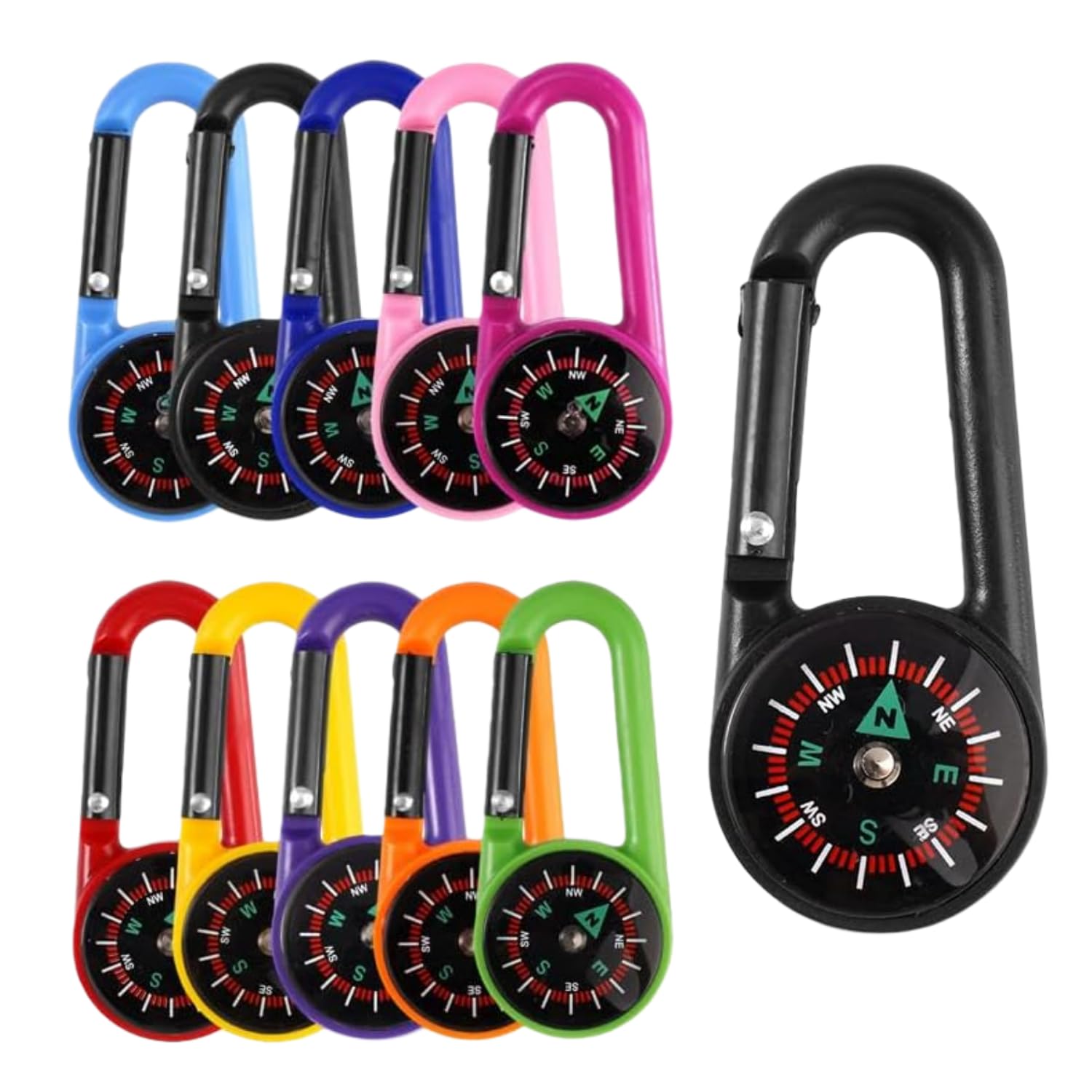 Mini Mousqueton Multifonction, 10 pièces Boussole de Camping Colorée Mini Boussole Enfant Boussole Randonnée pour Les activités de Plein air, Le Camping, la randonnée et Les Voyages
