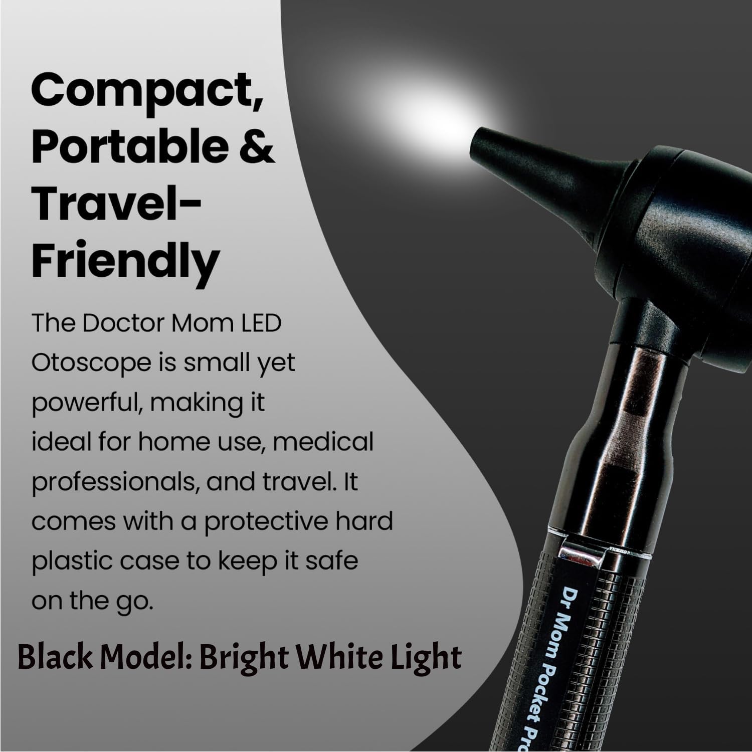 Otoscopio profesional de bolsillo LED Doctor Mom de 4ª generación con puntas de espéculo desechables para adultos y pediátricos, batería y funda protectora de plástico duro, color negro