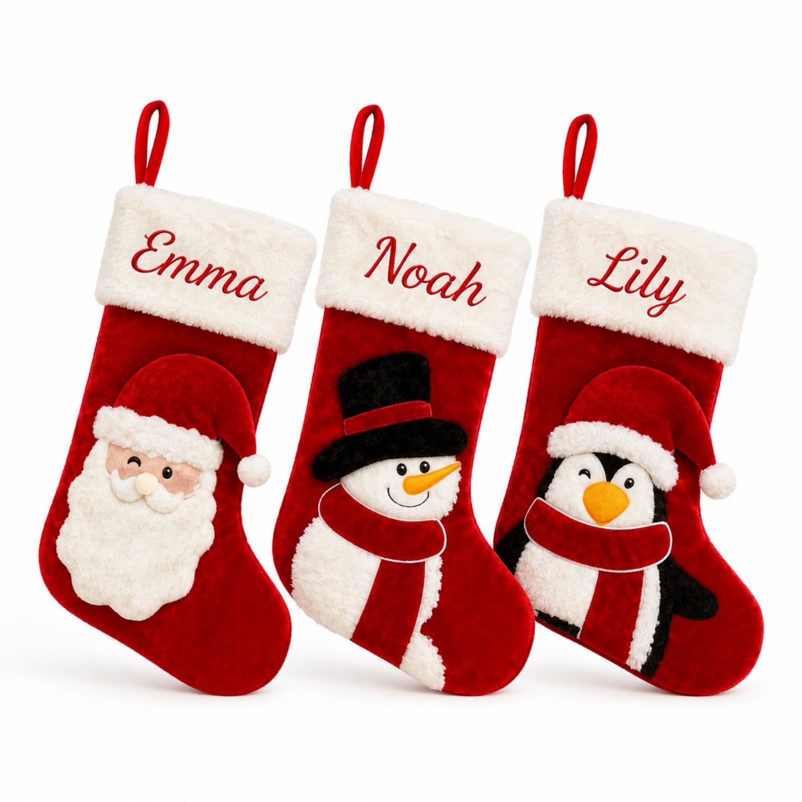 5 Stück Personalisierte Weihnachtsstrümpfe, Samt Rot, Schneemann, 44 cm
