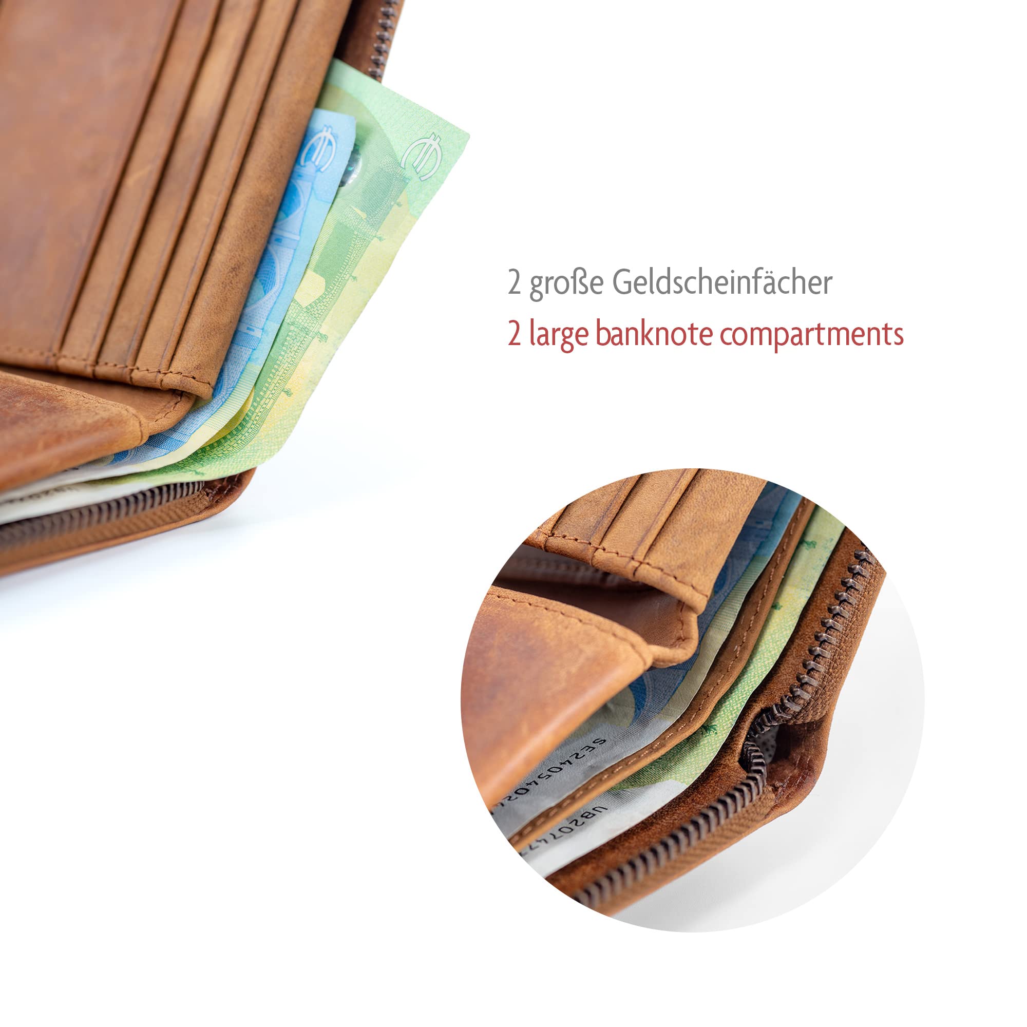 Fa.Volmer ® Męski portfel skórzany z zamkiem błyskawicznym – ochrona RFID, kieszeń na monety, uchwyt na żetony do wózka na zakupy, brązowy