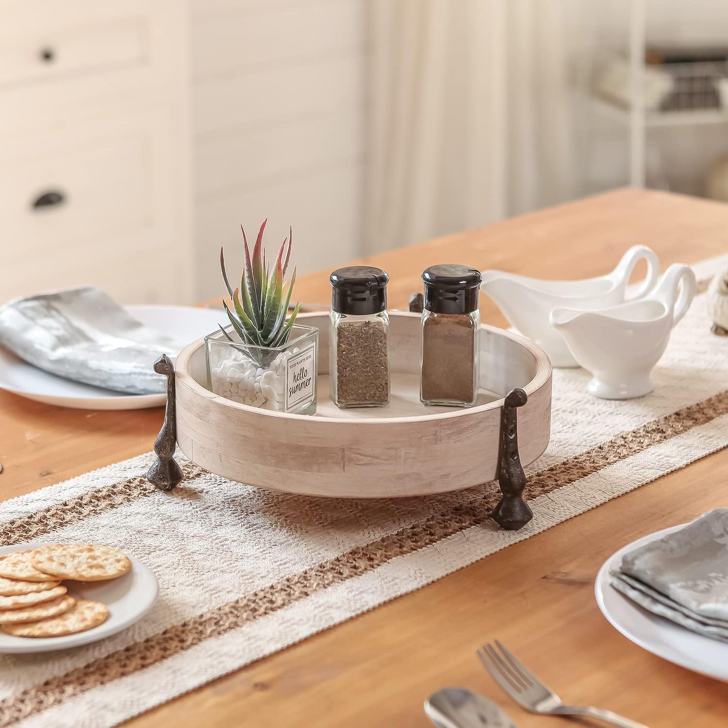 NIKKY HOME Round Wood Decorative Tray, 10 Inch Farmhouse Distressed Candle Tray, Centerpiece Decor for Coffee Bar, Kitchen Counter, Dining Room Table - White