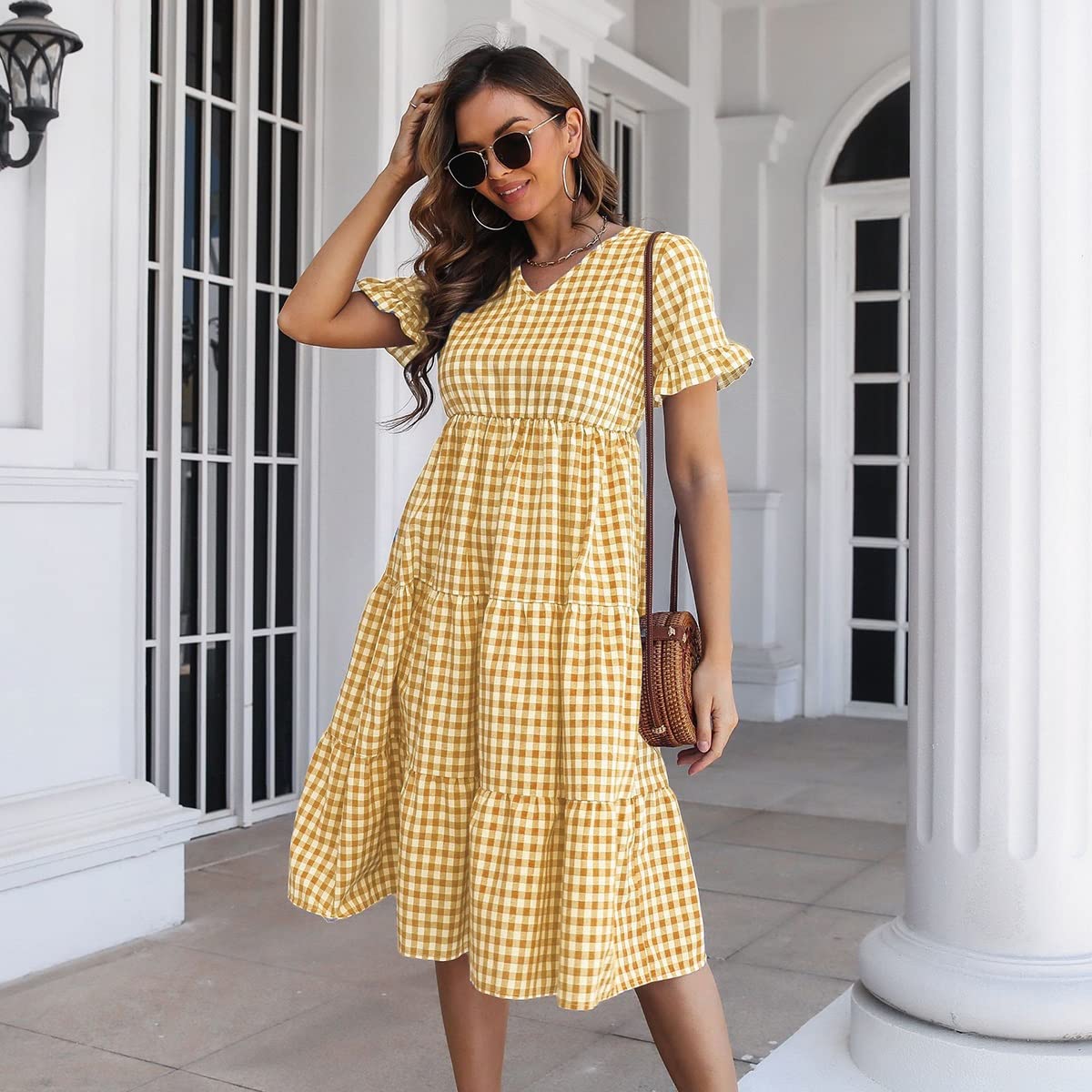 OTBK Women Casual Plaid Beach Dress Ruffle Short Sleeve V-Neck A-Line Loose  Flowy Gingham Swing Midi Dresses (Color : Yellow plaid, Size : M/Medium) :  Amazon.co.uk: Fashion