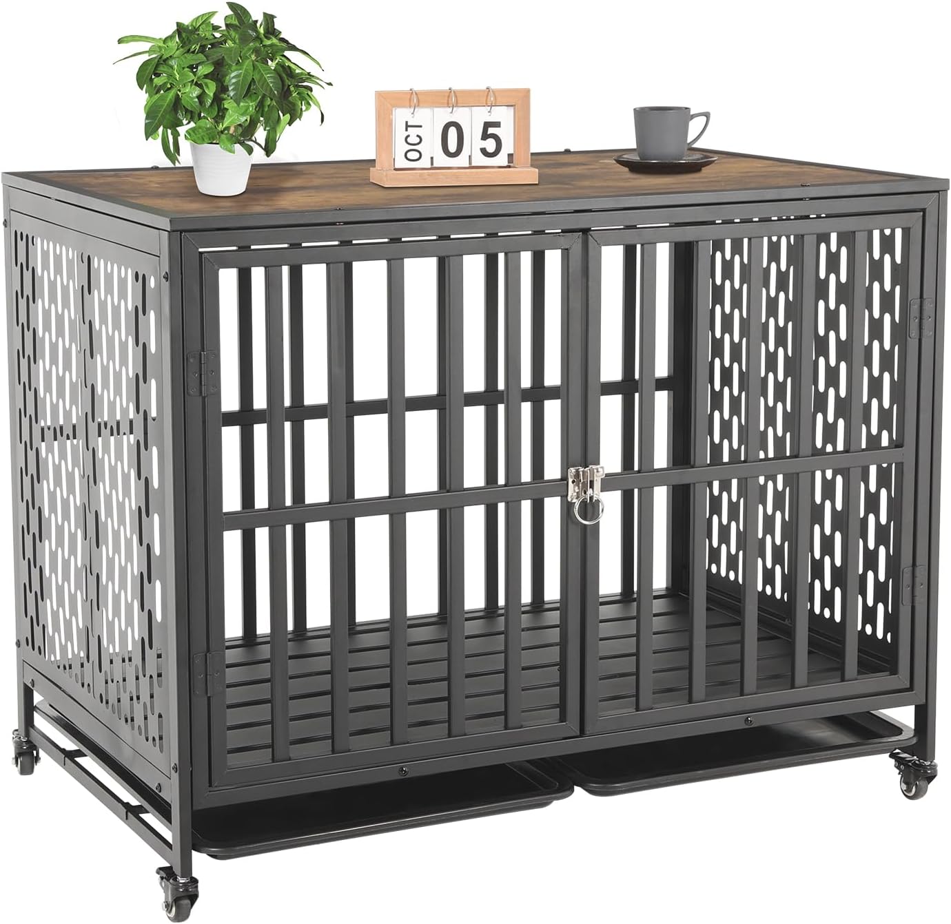 AGESISI 42 Inch Dog Crate Furniture Heavy Duty Dog Crate for Medium and Large Dogs, Indestructible Dog Kennel with 2 Removable Tray, XL Wooden Dog Cage Indoor with 4 Lockable Wheels, Black