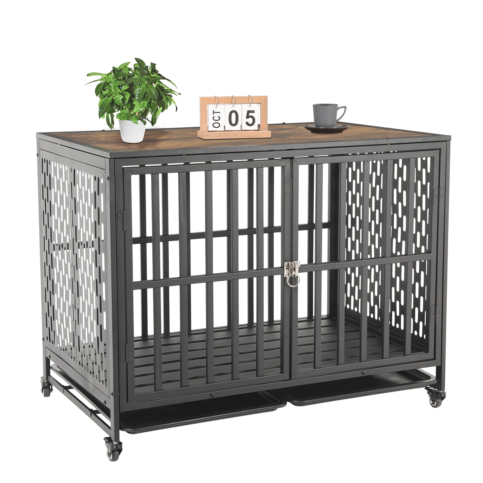 AGESISI 42 Inch Dog Crate Furniture Heavy Duty Dog Crate for Medium and Large Dogs, Indestructible Dog Kennel with 2 Removable Tray, XL Wooden Dog Cage Indoor with 4 Lockable Wheels, Black