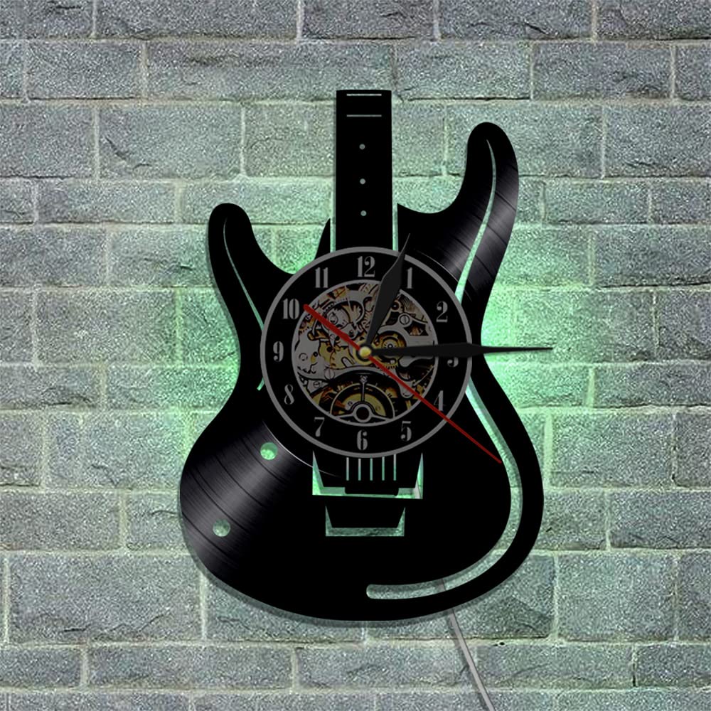 Smotly Black Vinyl Wall Clock, Guitar Instrument Themed Graphic With Led Night Light Function, Wall Clock Gift For Music Lovers.