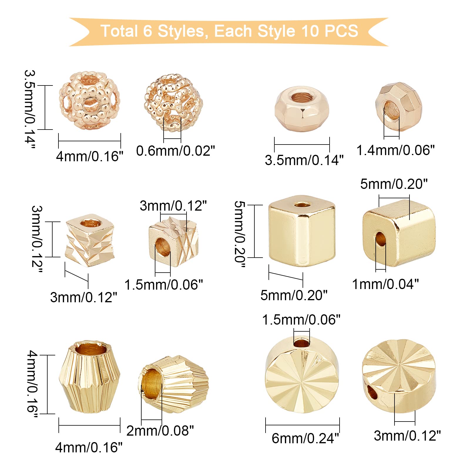 6mm PH PandaHall 100pcs 6mm Perles D'or 14K Perles D'espacement Creuses Perles Rondes En Laiton Perles D'espacement En Métal Perles Durables Pour Bijoux Bracelet Collier Boucle D'oreille Perles Heishi