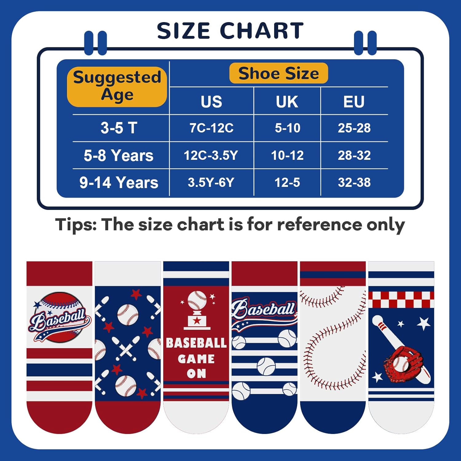 6 Pairs Kids Boys Socks Cartoon Baseball Stripes Five-pointed star Red Blue Breathable Crew Sock aged for 2-11Years - Image 5