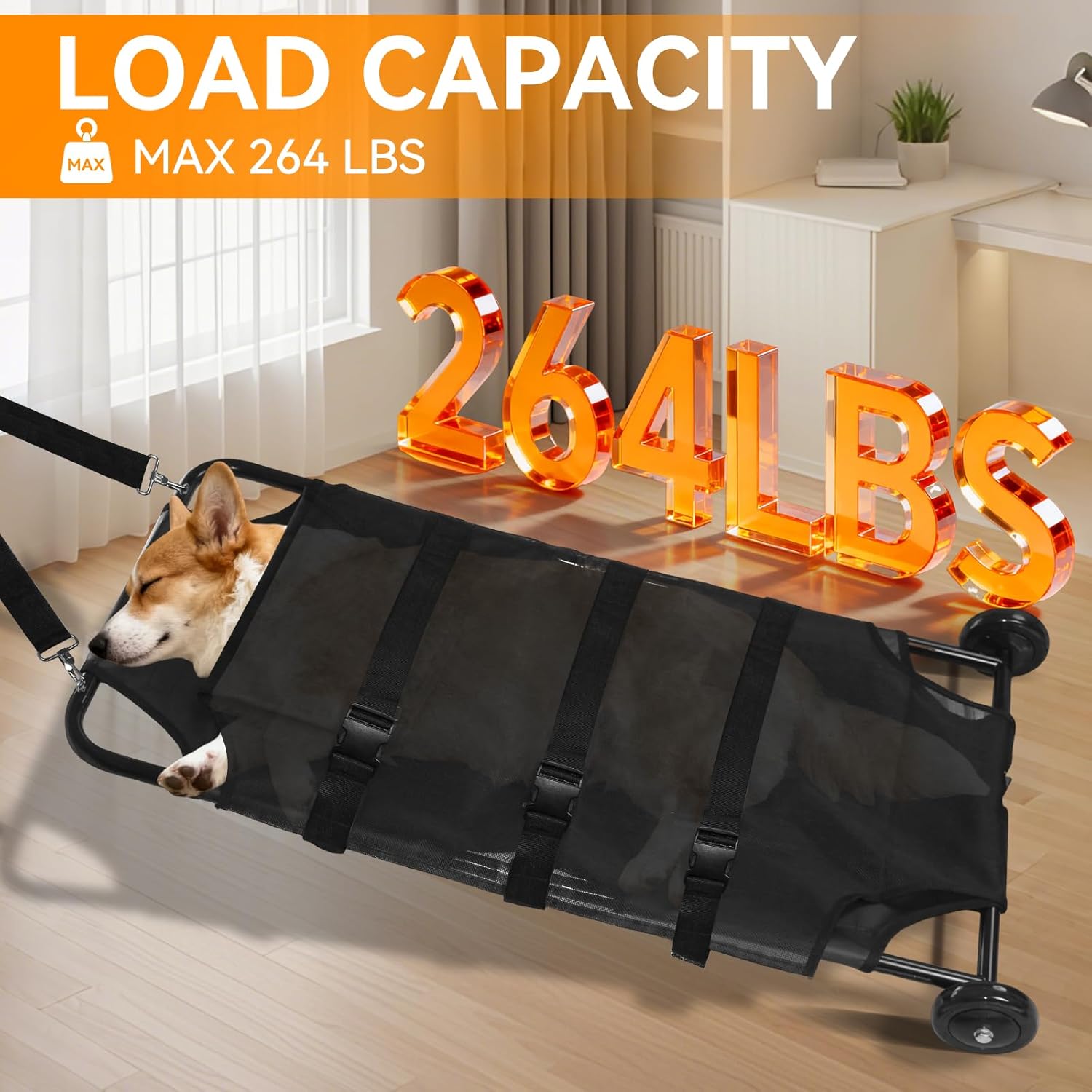 Heavy Duty 264LBS Large Dog Stretcher, 45x22 Foldable Pet Transport Stretcher with Noiseless Wheels, Veterinary Rescue for Injured & Senior Dogs