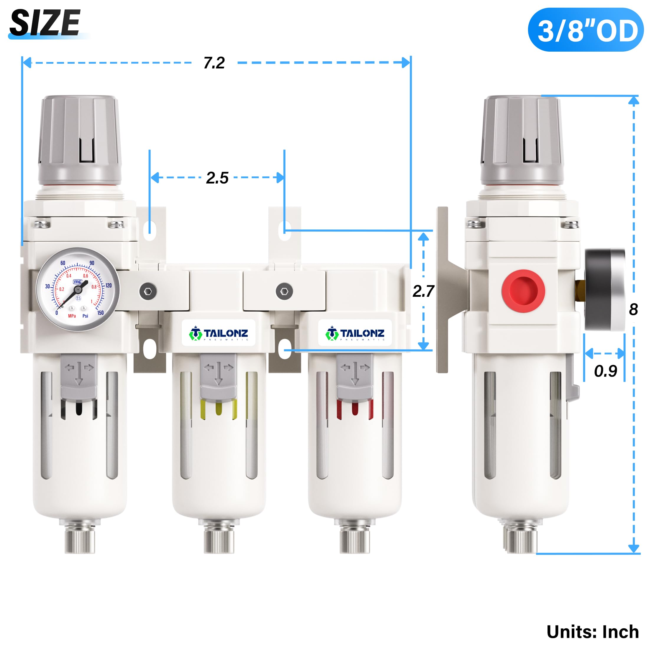 TAILONZ PNEUMATIC 0-150PSI 3/8 Inch NPT Grade 3 Stage Air Drying System, Particulate Filter, Air Filter Pressure Regulator Combo Piggyback, Air Tool Compressor Filter with Gauge (Semi-Auto Drainage） — Amazon image 2