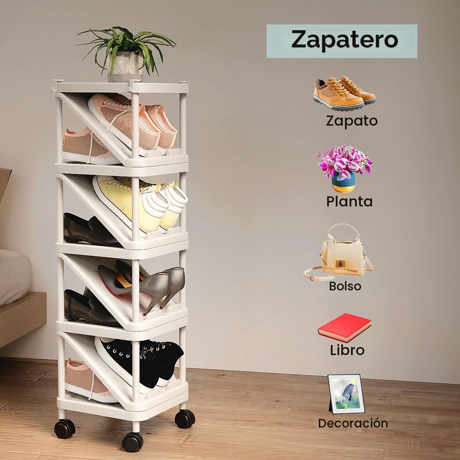 Zapatero Entrada Recibidor Vertical Estrecho con Ruedas, 9 Niveles