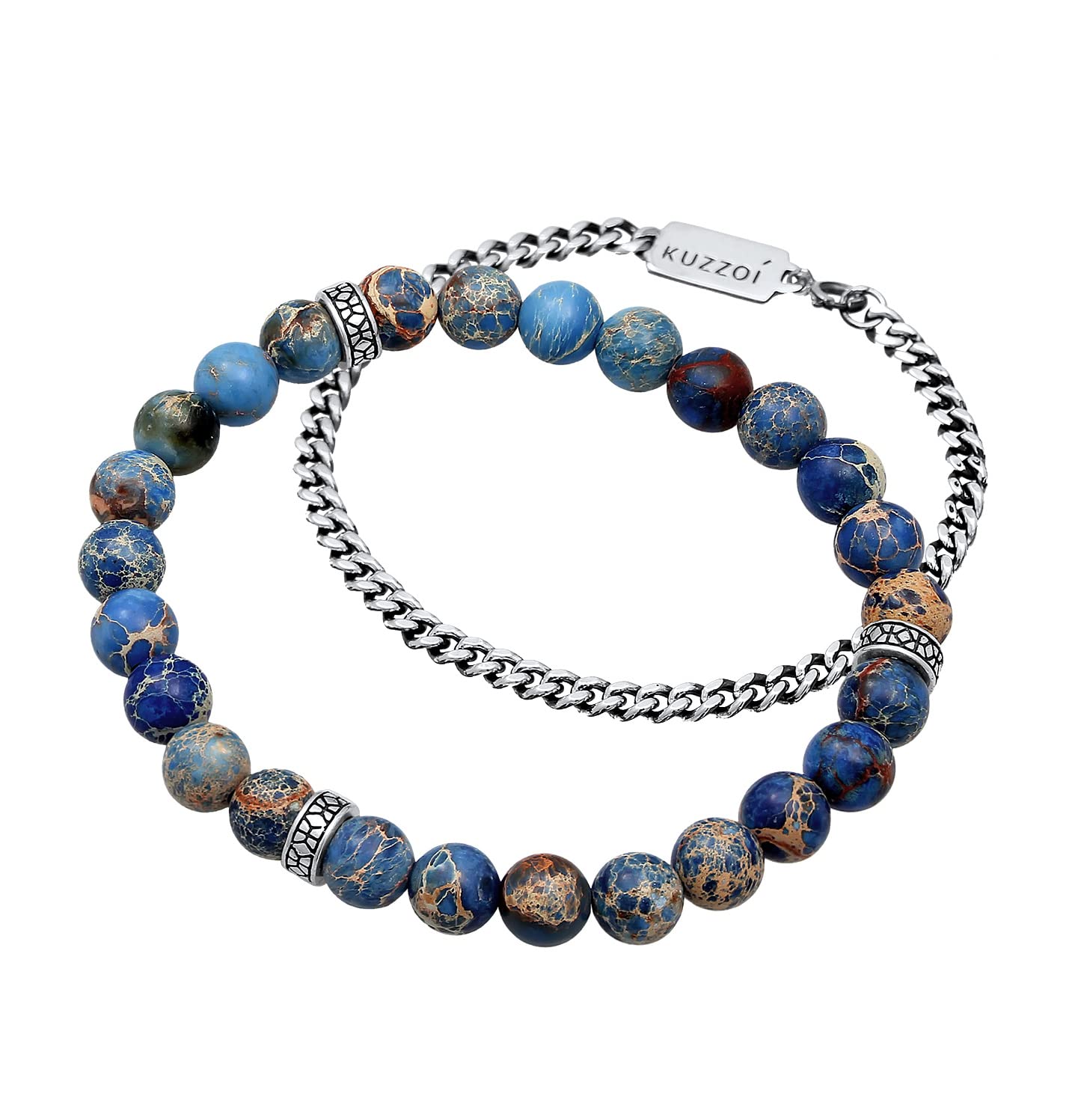 Kuzzoi Buddha Herren Armband Set, EIN elastisches Edelstein Armband mit Silber Beads, Blaue Achat Perlen und EIN Panzerarmband für den Mann, 925 Sterling Silber oxidiert, Länge 19-21 cm, 0211311221