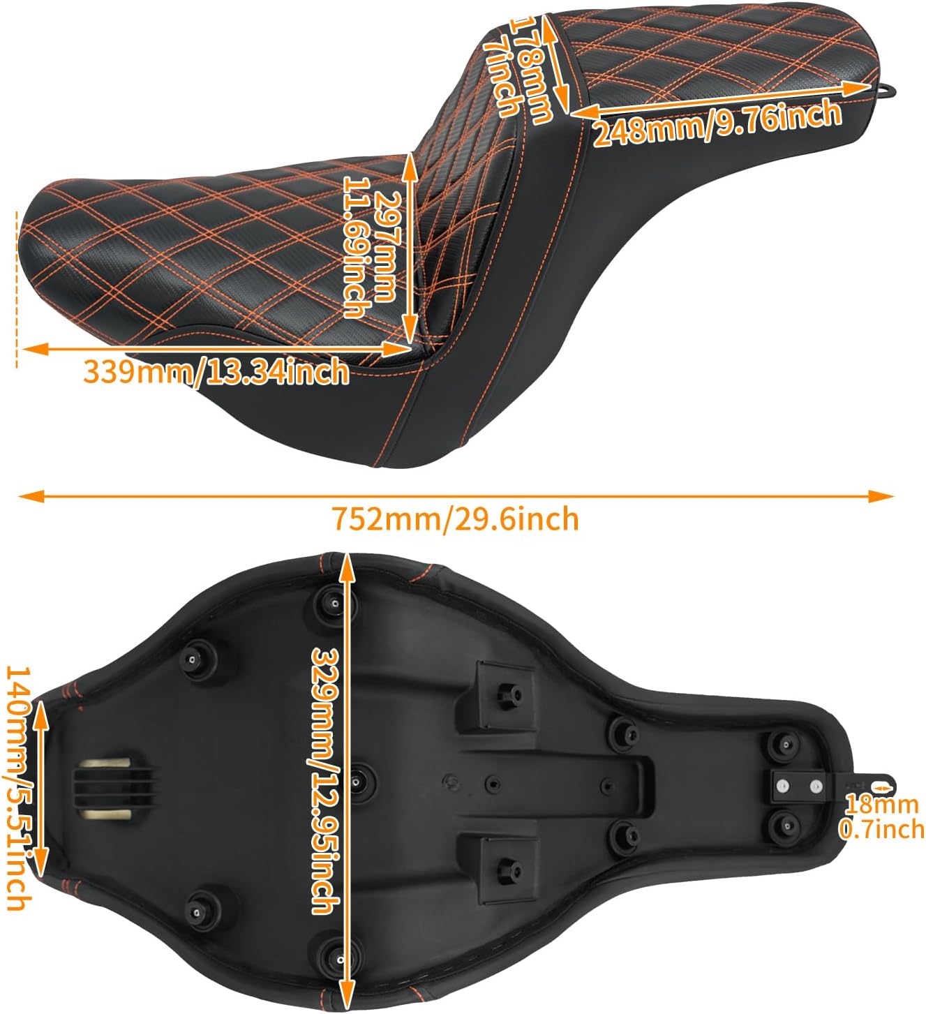 Driver Passenger Two-Up Seat Front Rear Cushion Fit For Harley Softail Low Rider FXLR FXLRS Sport Glide FLSB 2018-Up (Orange Stitching)