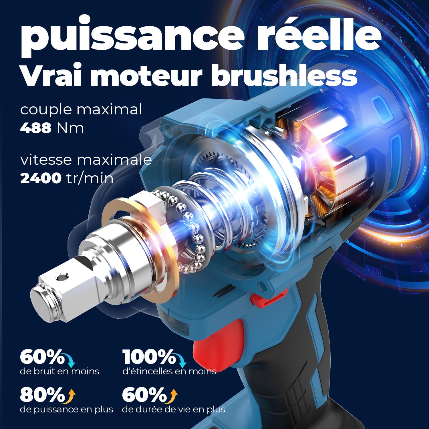 Dong Cheng clé à chocs sans fil 20 V avec Batterie 4,0Ah, 488 N.m Boulonneuse à choc sans balais 1/2", 3 vitesses, avec 4 douilles à chocs, Idéale pour l’Automobile et le Bricolage