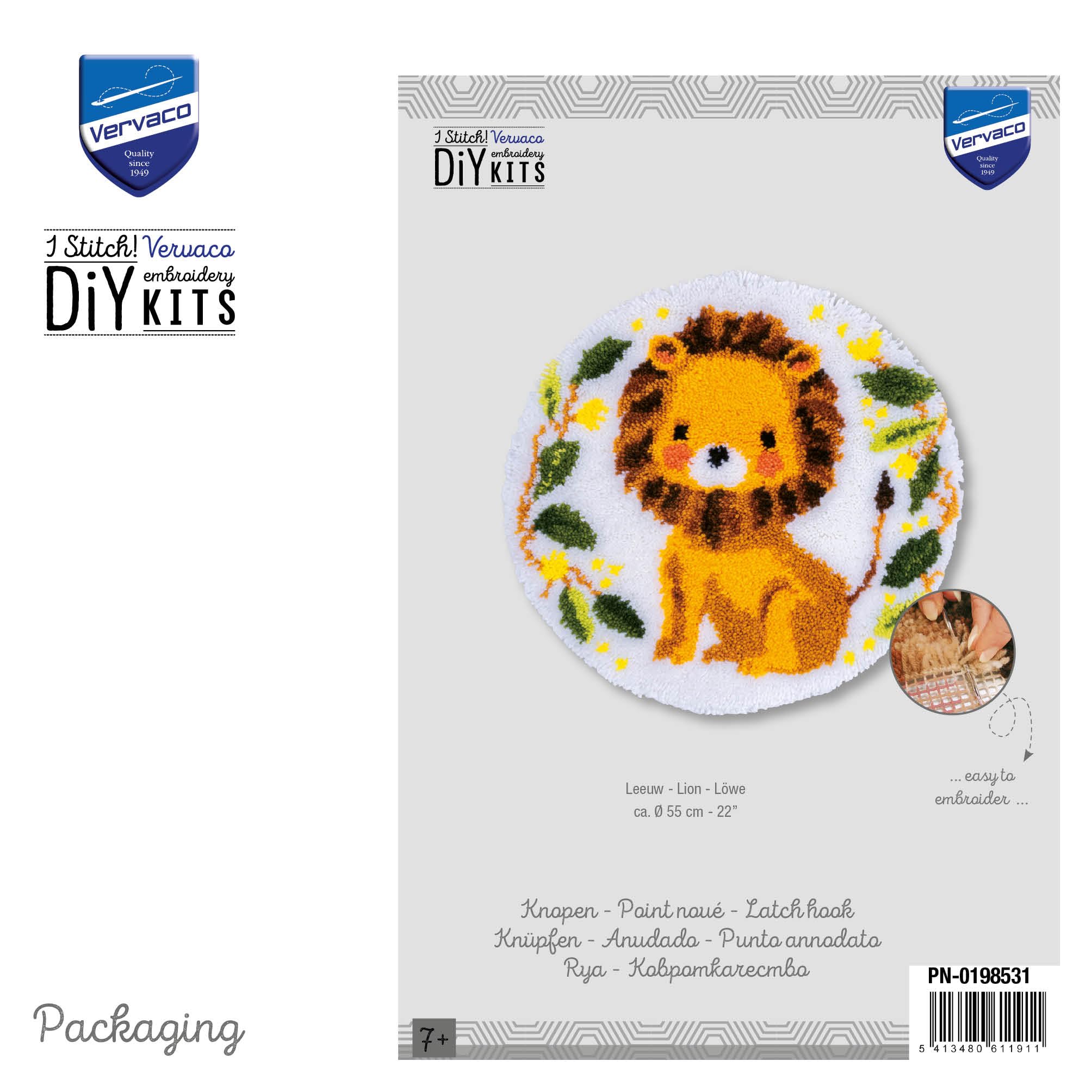 Vervaco Kit Tapis Point Noué Á Faire LION Broderie Debutant DIY Latch Hook Kit Complet Decoration Maison Manuelle Loisir Créatif ca. 55 x 55 cm Embroidery