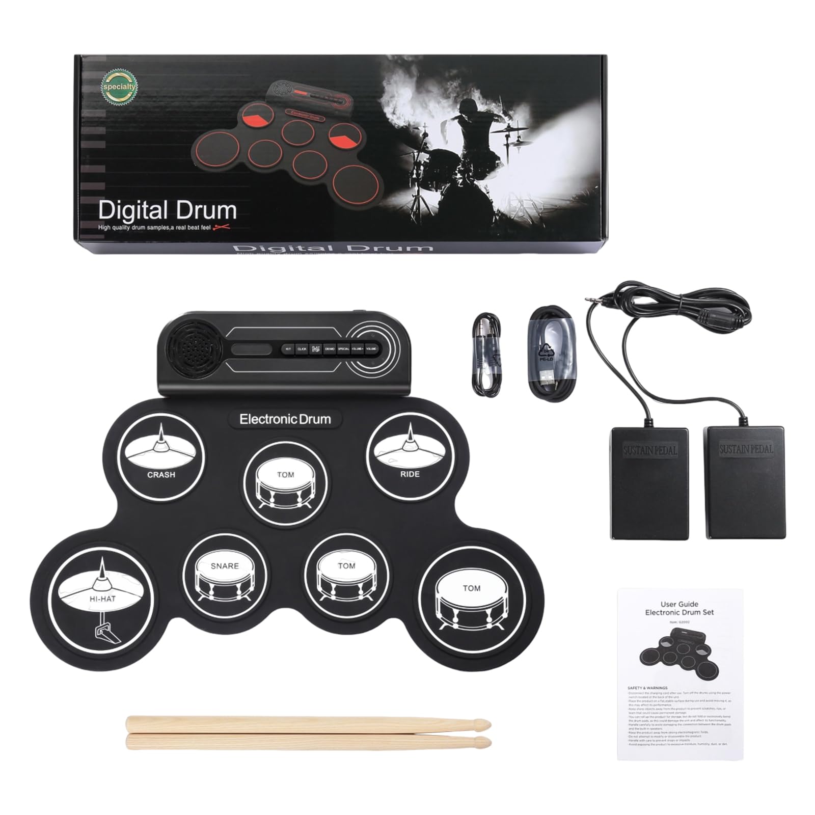 Kit de batería enrollable flexible con altavoz, pad de percusión portátil, 7 pads, instrumento creativo para adultos y niños principiantes, instrumento musical negro