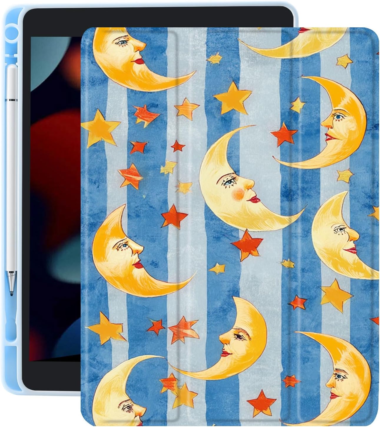 Case for 10.9 Inch Ipad 10Th Cartoon Cute Sun Moon Cover for Ipad Fashion Shell Clear Transparent Back Funny Cool Boy Design Case Auto Sleep/Wake Shockproof Pencil Holder(Girl Women)