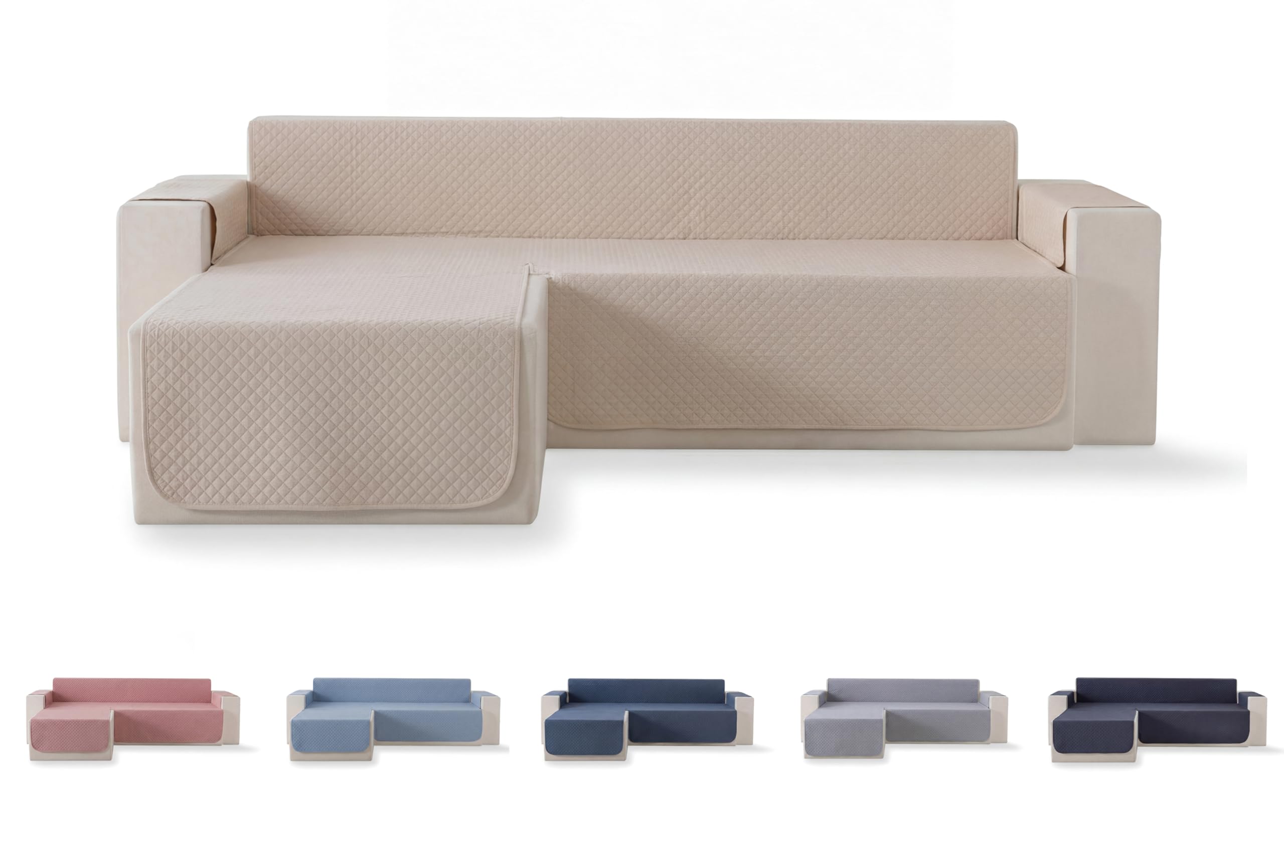 Todocama – Funda Cubre sofá, plazas, Protector de sofás Acolchado de Rombos, Transpirable, fácil de Limpiar, (Beig Arena, Chaise Izquierdo 200cm)